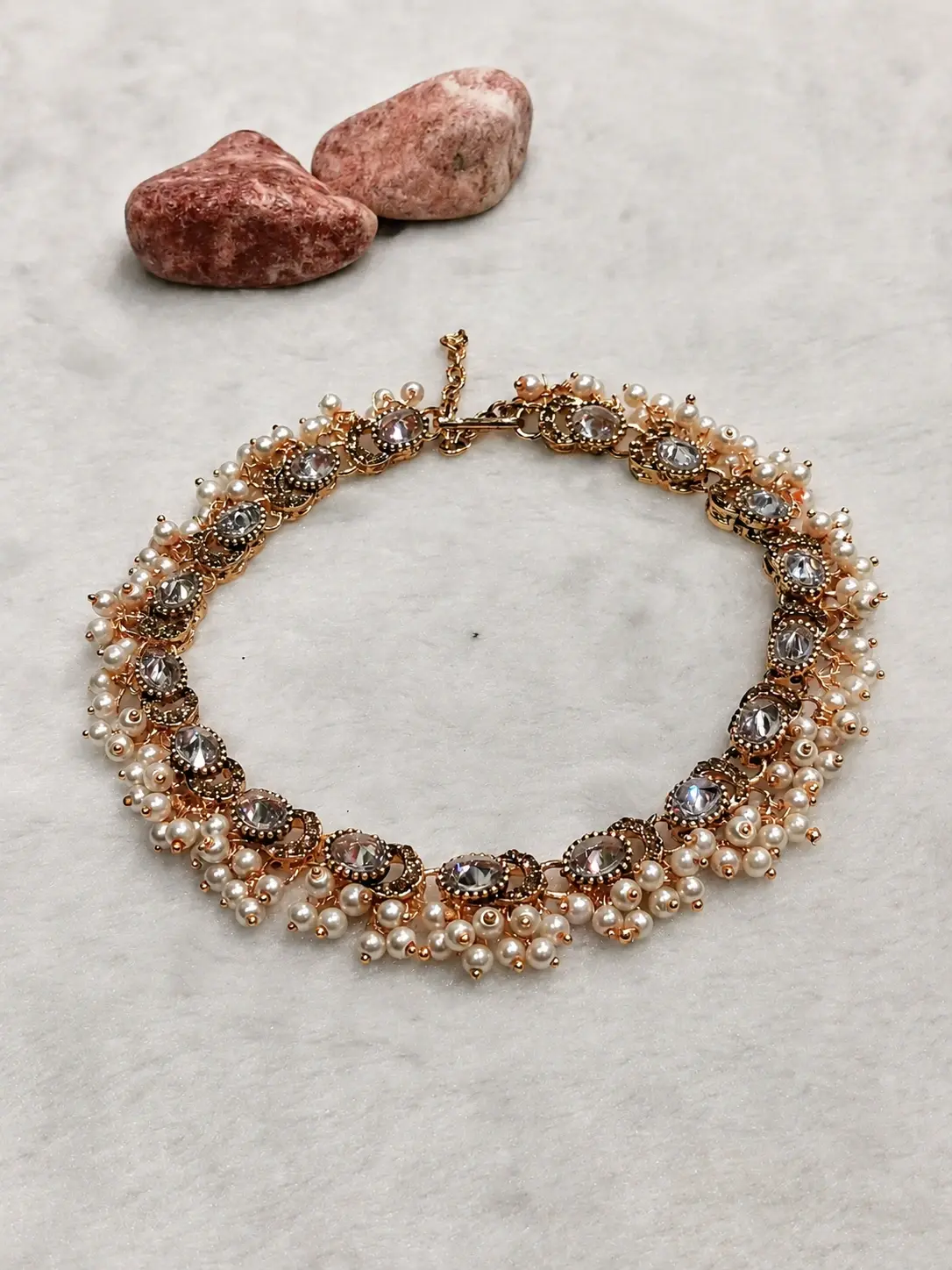 rose gold pearl stone bridal anklet with ornate clear accents