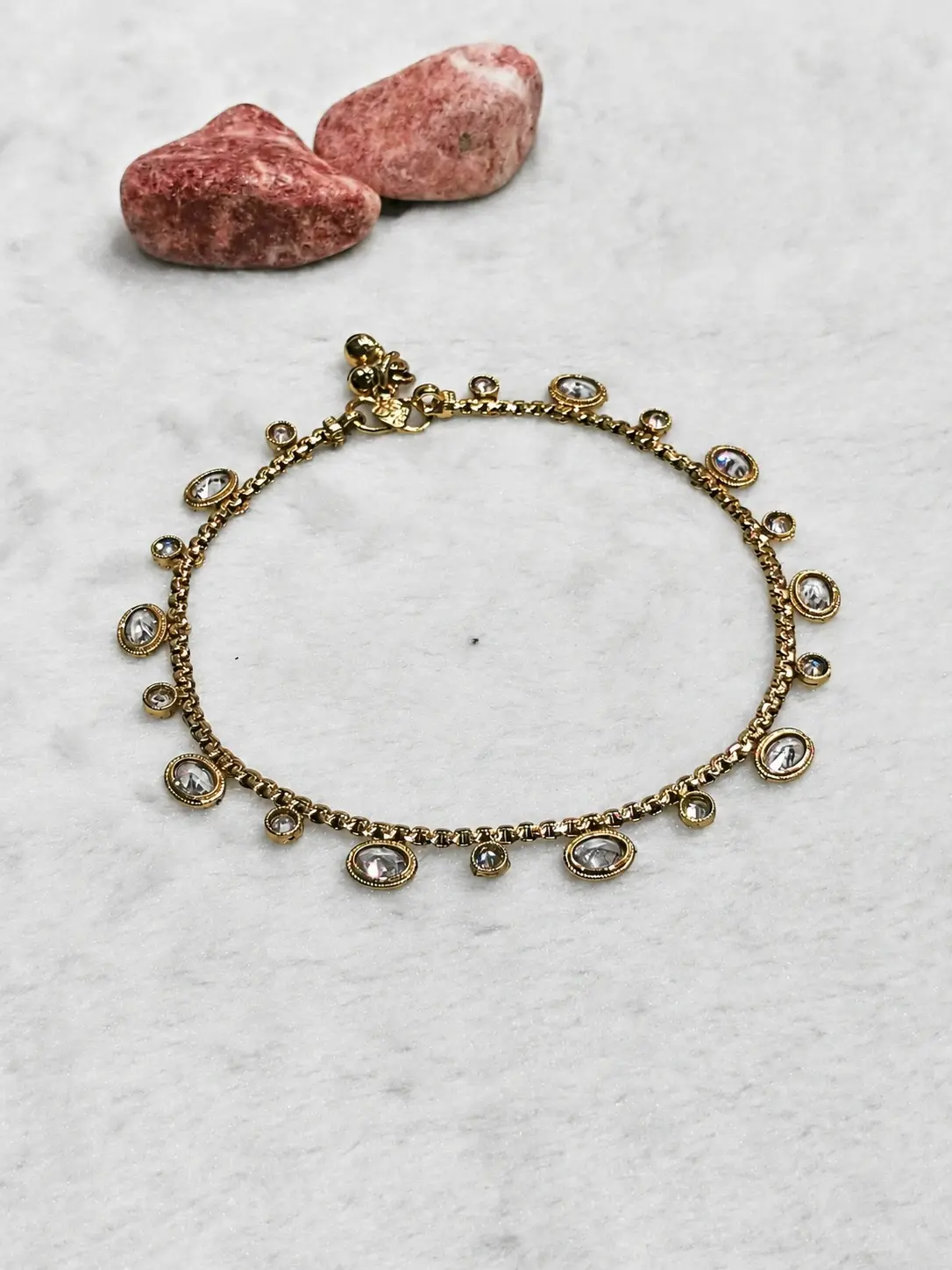 gold oval stone charm anklet with clear round accents