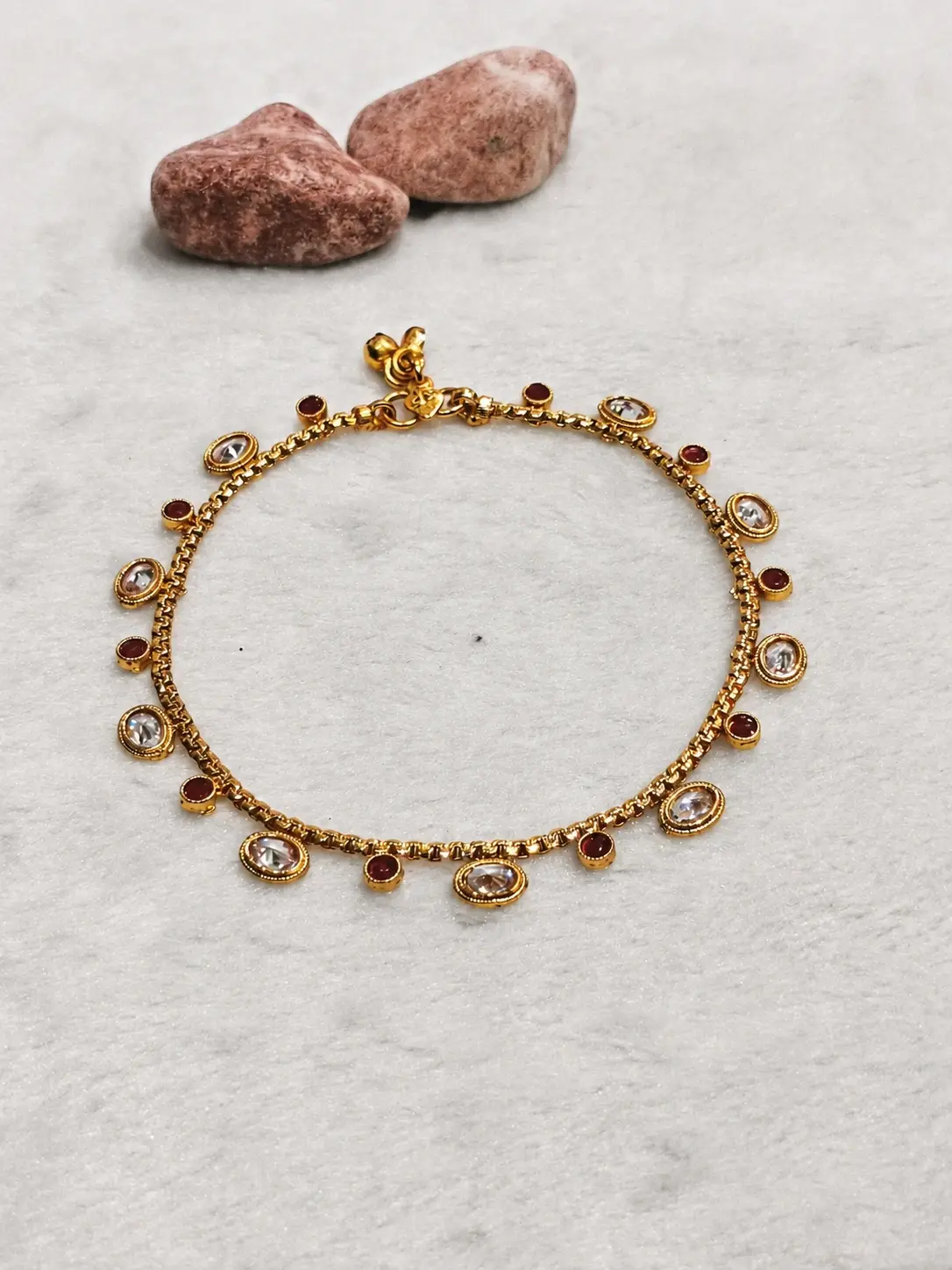 gold red stone charm anklet with clear oval accents