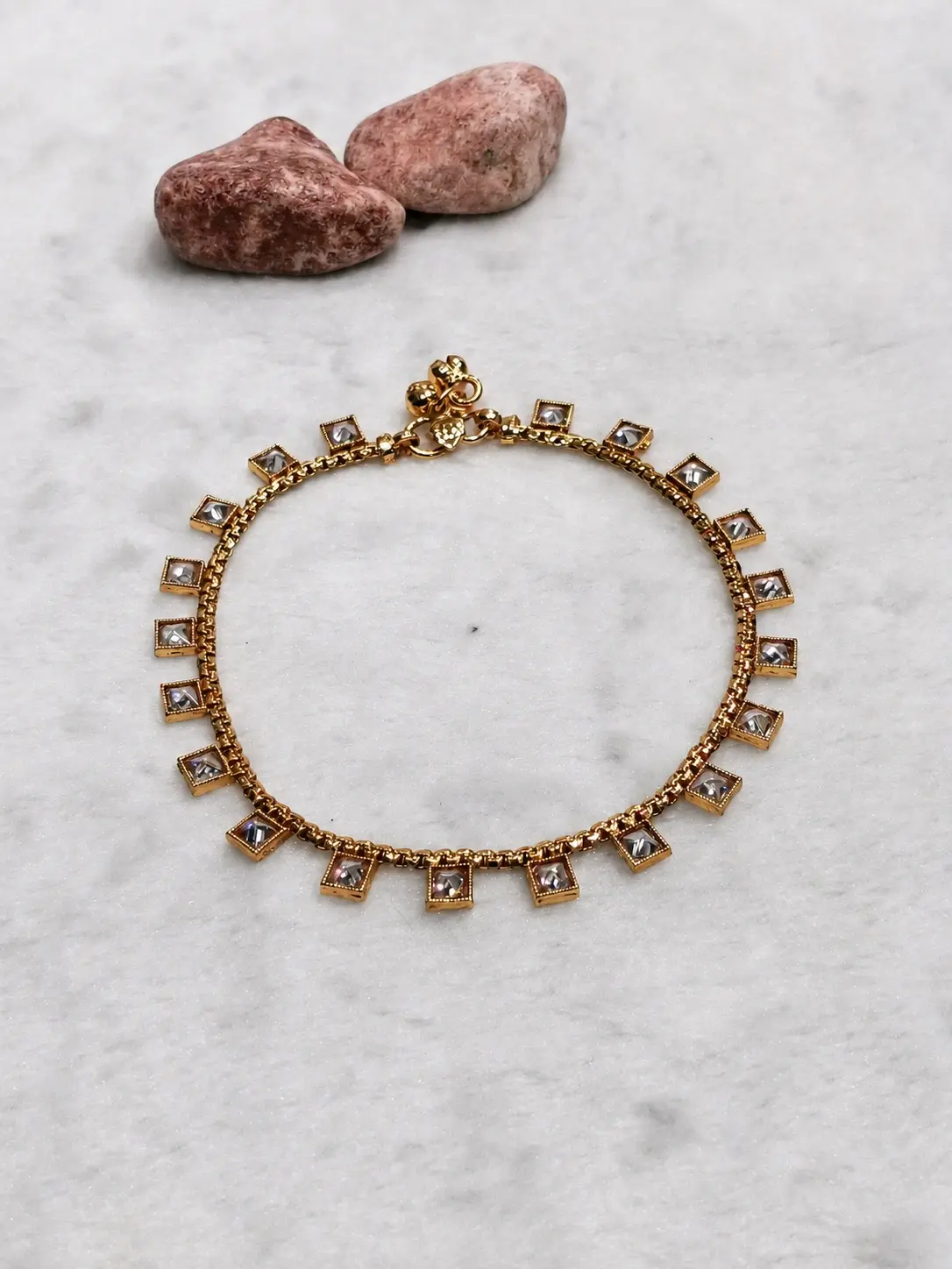 gold square stone charm anklet with clear geometric charms