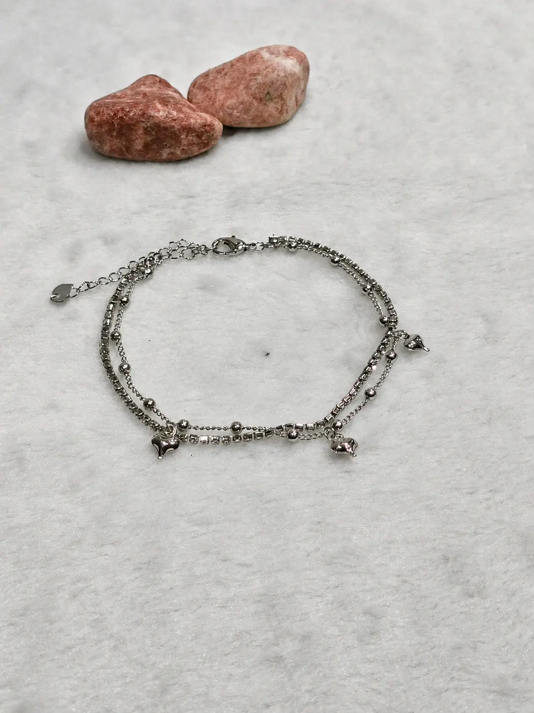 silver layered heart charm anklet with sparkling double chain