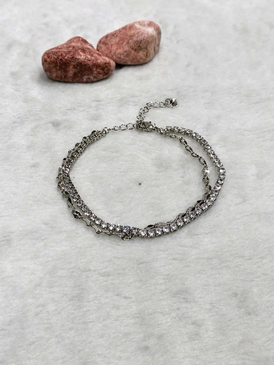 silver double layer stone anklet with sparkling clear accents