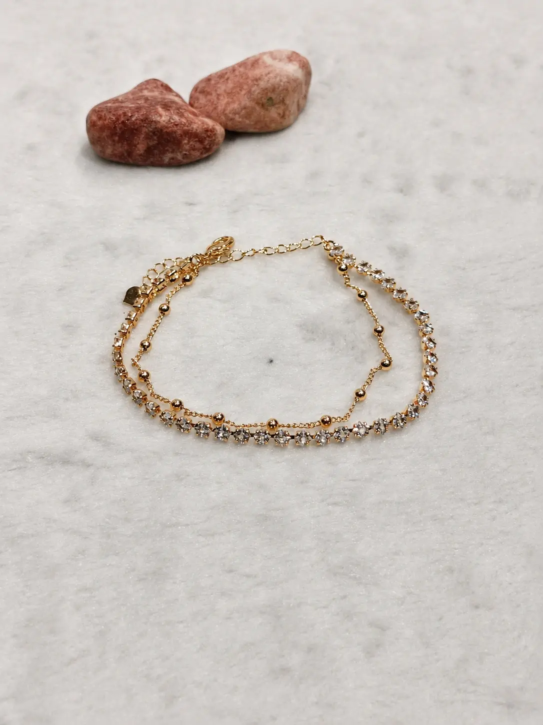 gold double layer stone anklet with clear accents and beads