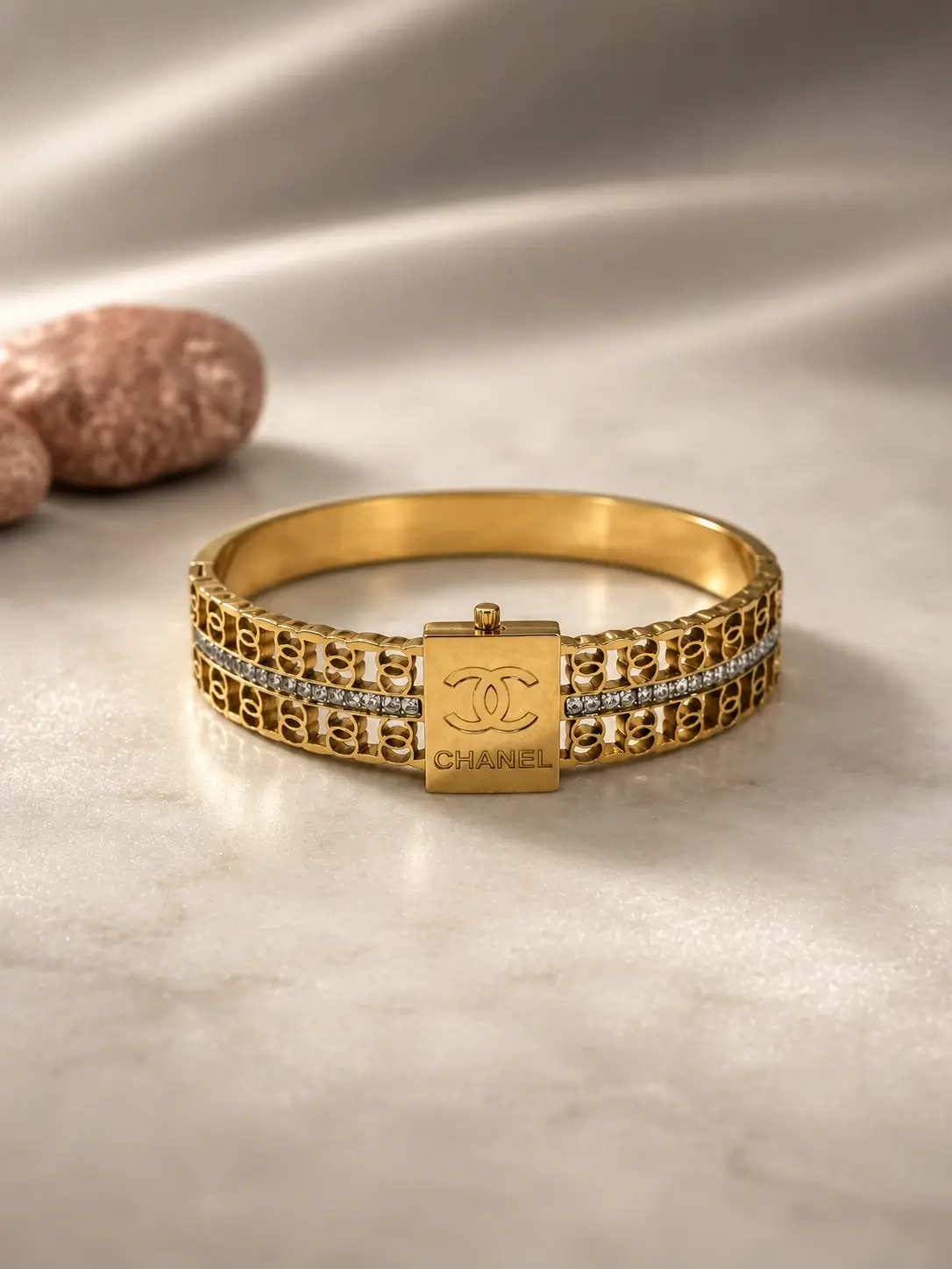 gold monogram stone bangle with two clear accent rows