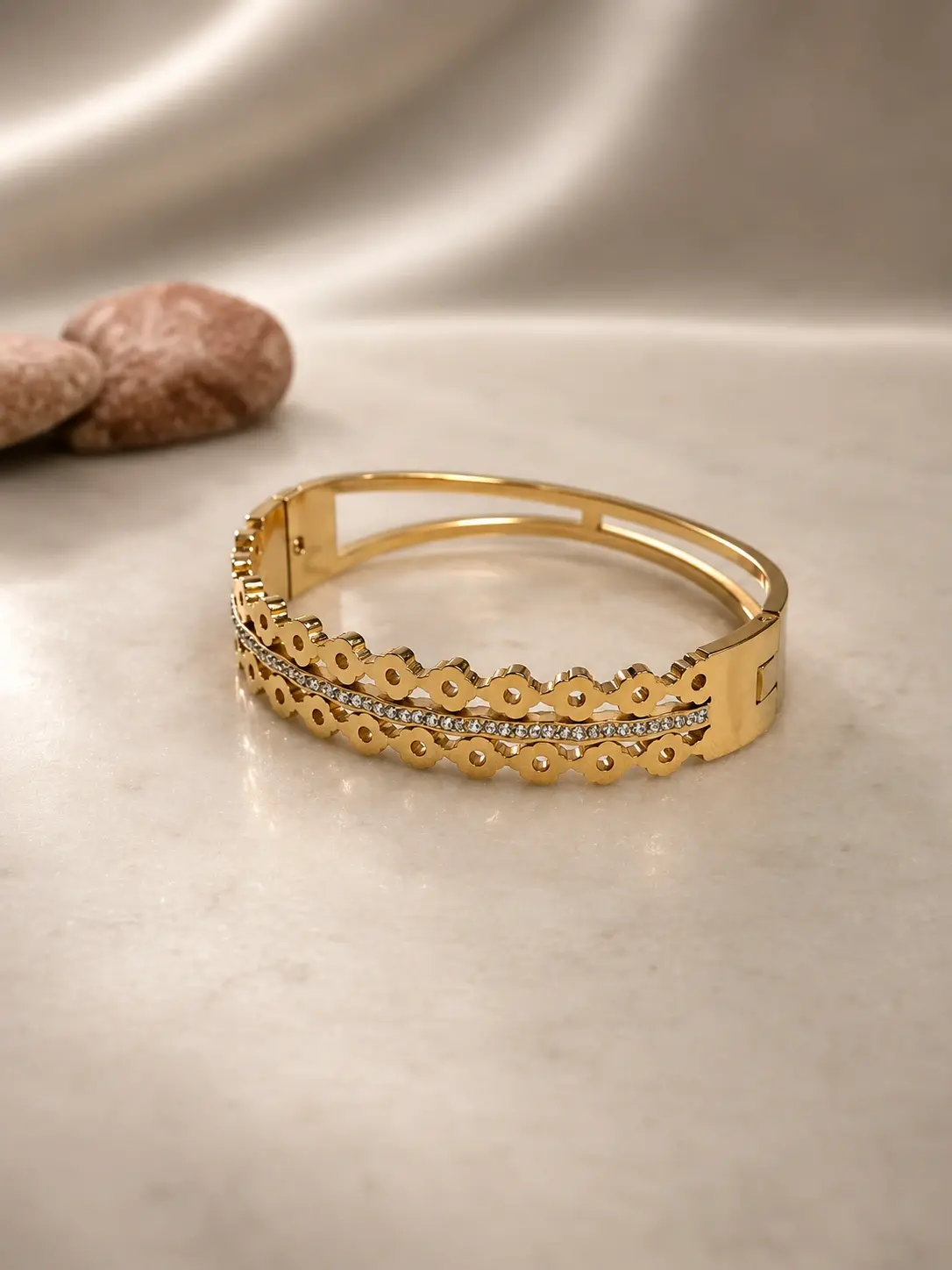 gold floral stone bangle with clear accent row
