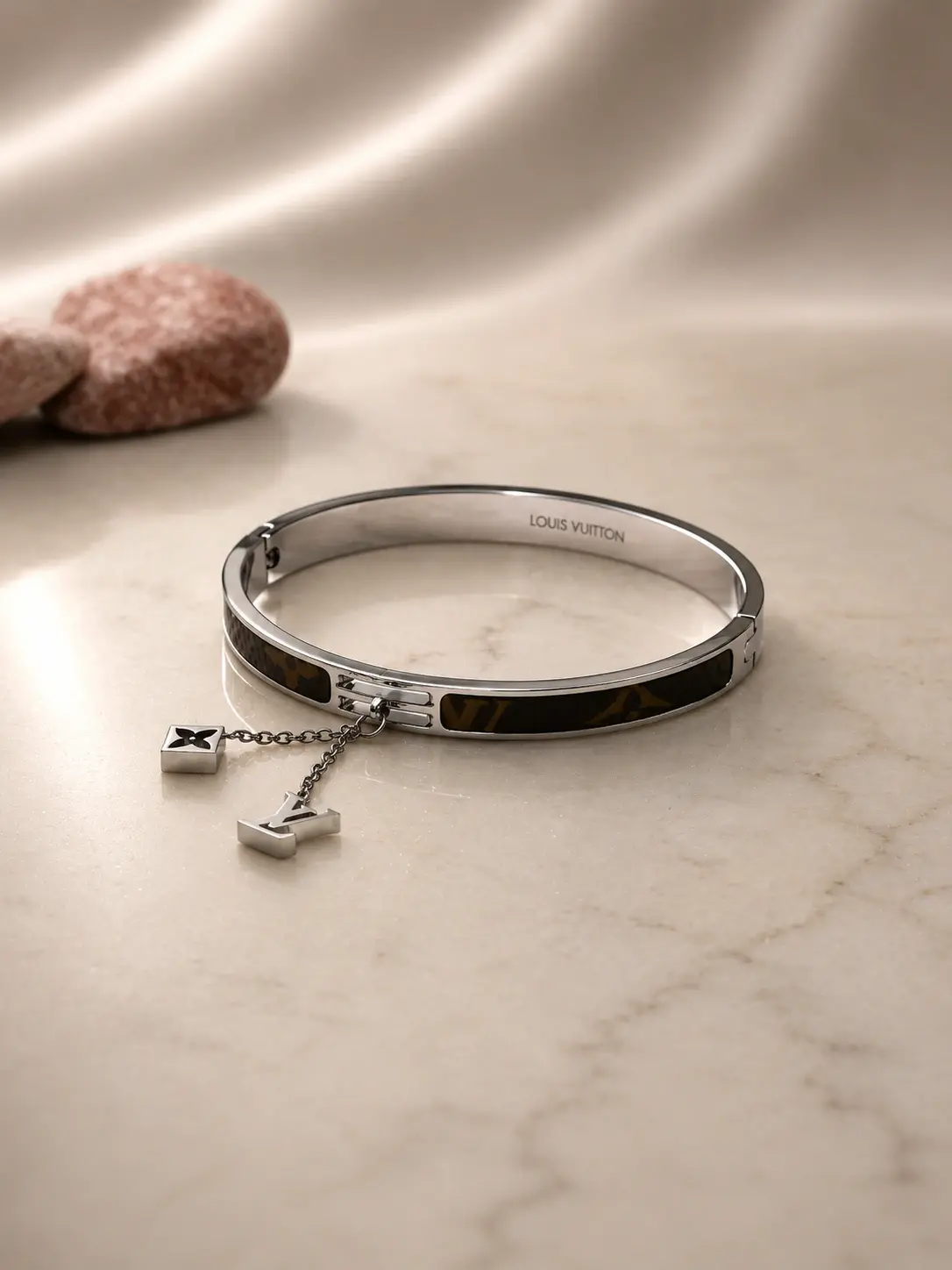 silver tone brown monogram charm hinged bangle with hanging charms