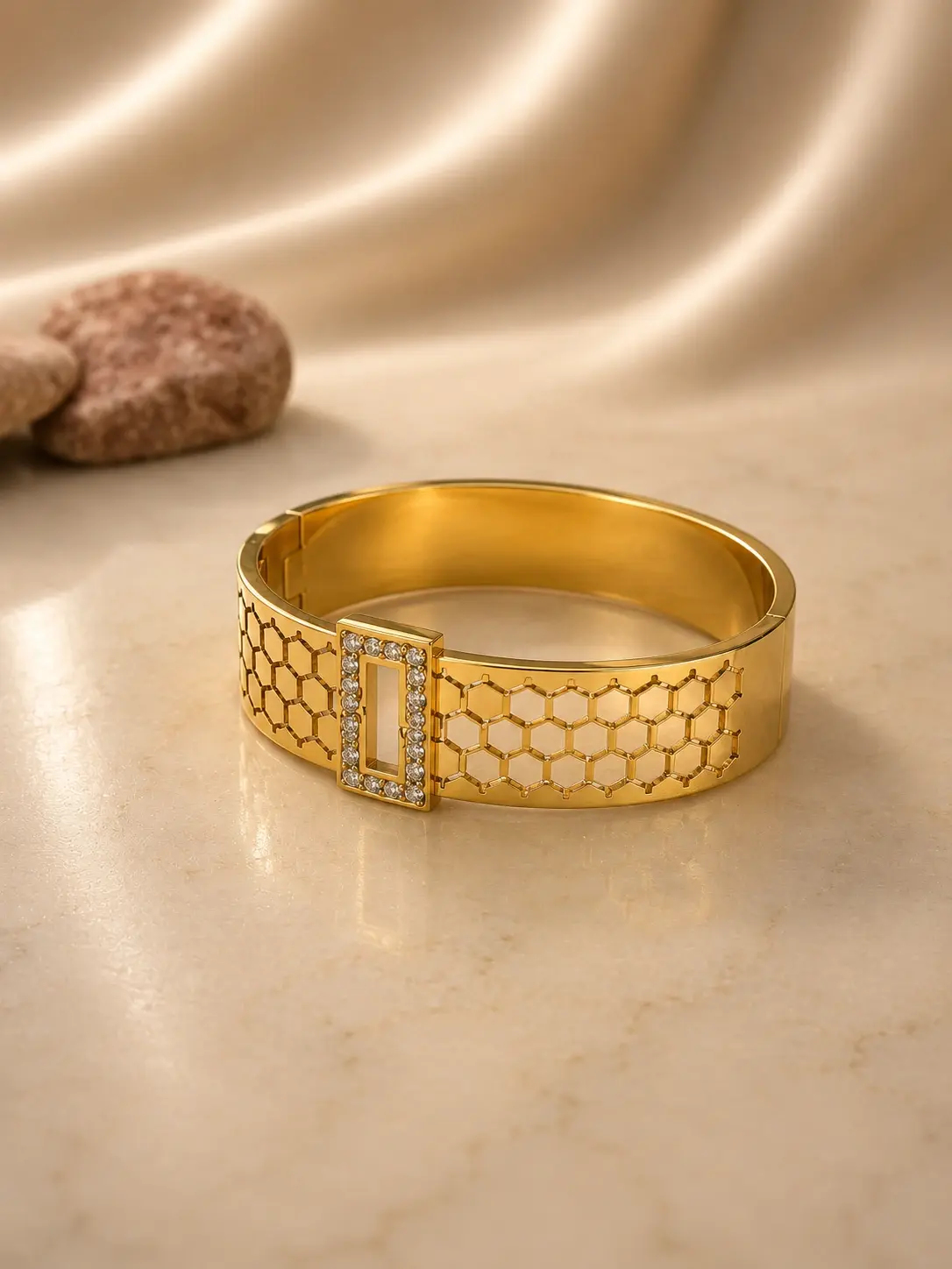 gold tone honeycomb stone hinged cuff bracelet with clear accents