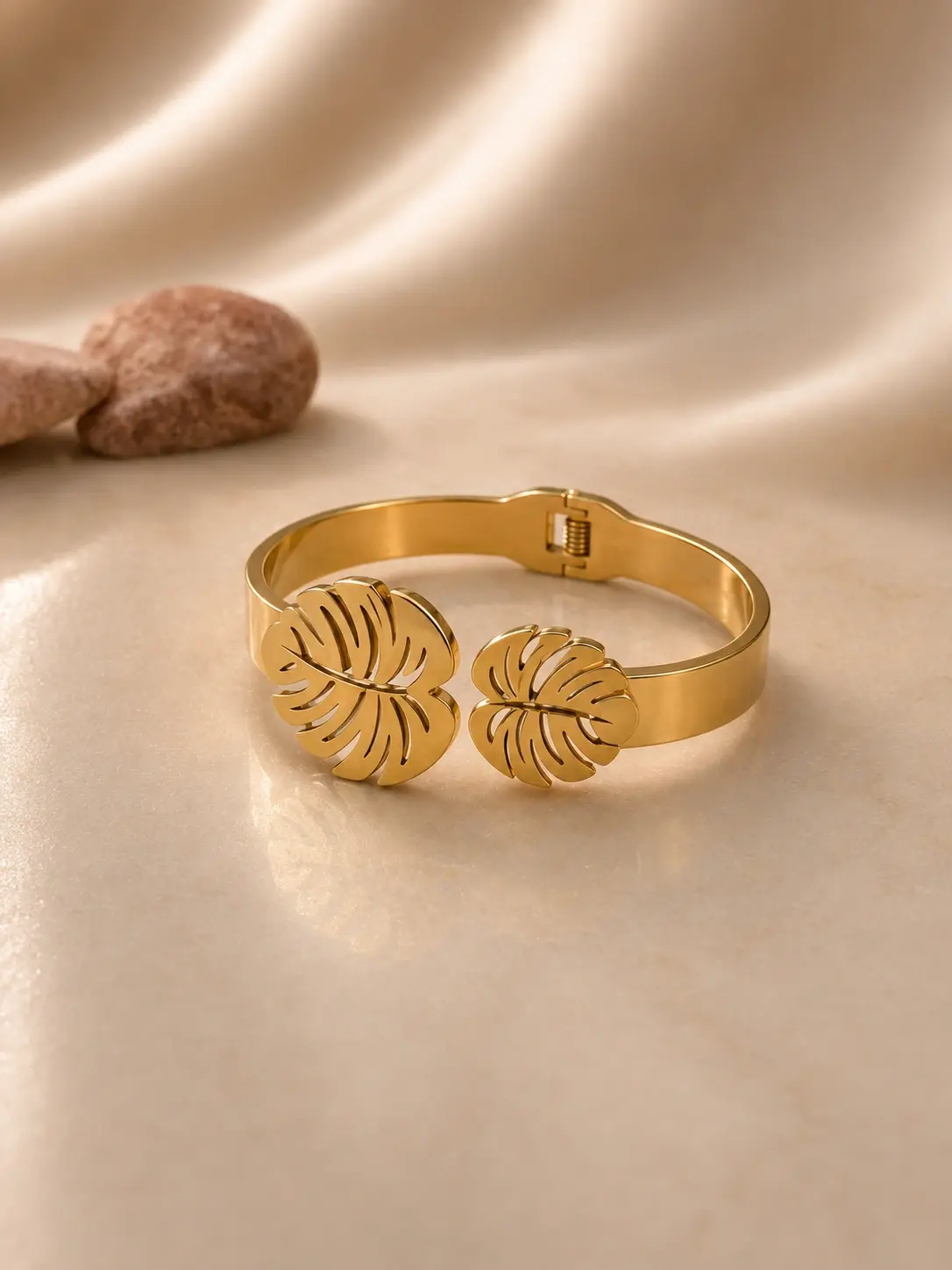 gold tone double tropical leaf hinged bangle with cutout leaf details