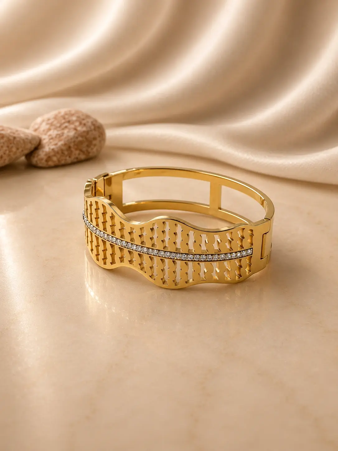 gold tone wavy openwork stone cuff bracelet with clear accents