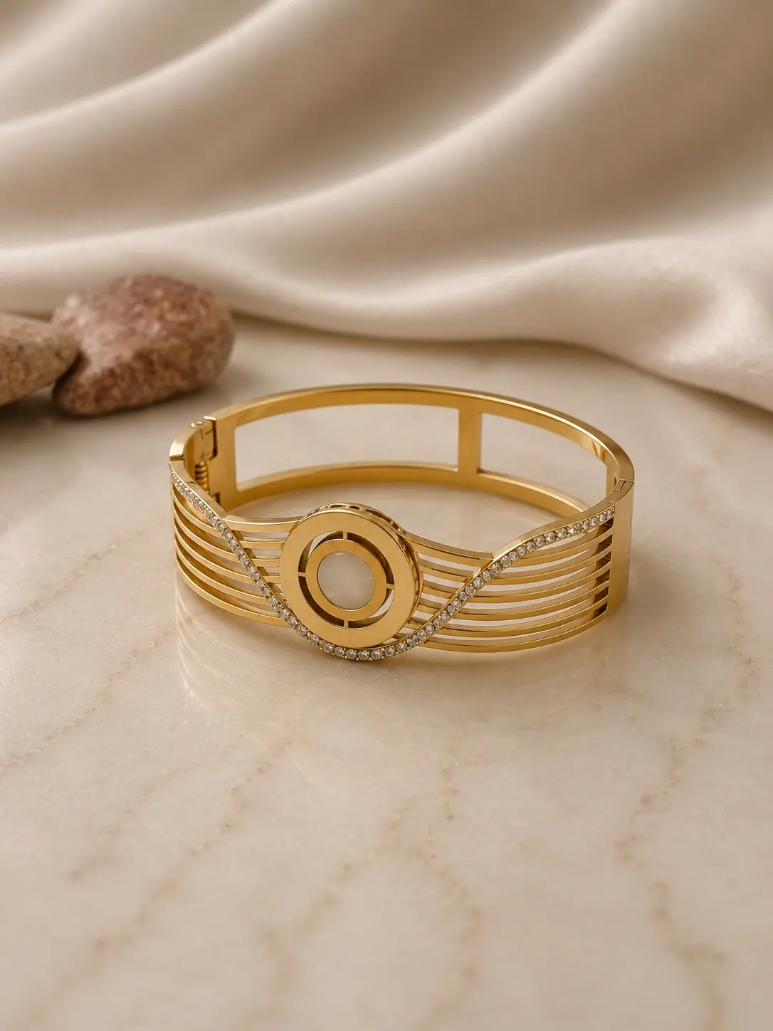 gold tone white circle multi band stone cuff with clear accents