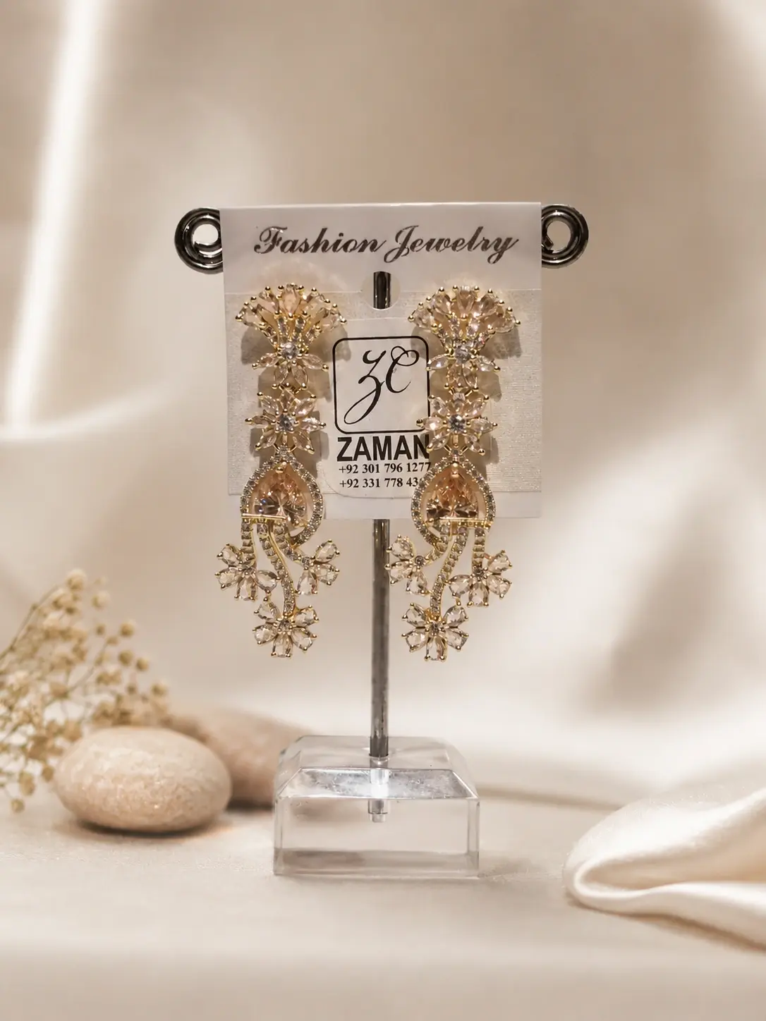 Champagne Teardrop Floral Vine Earrings with clear flower clusters and gold-tone branches