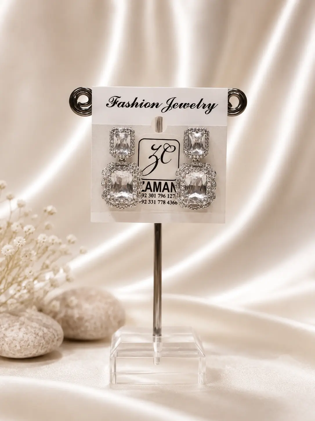 Clear Double Rectangle Halo Drop Earrings with layered silver-tone borders
