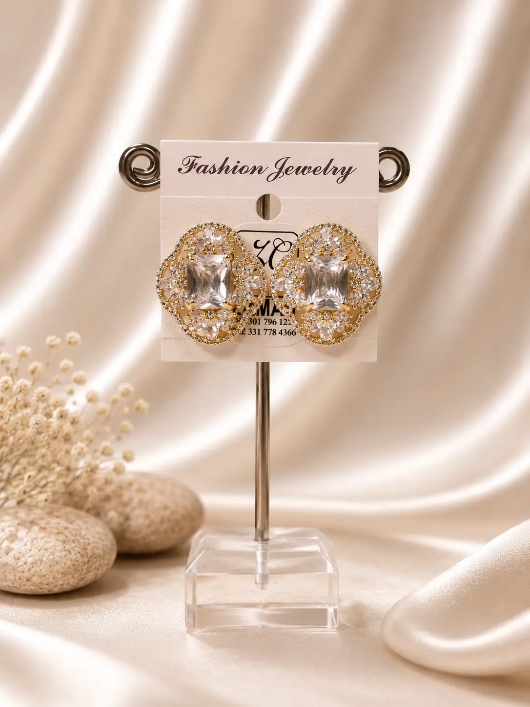 Clear Square Floral Halo Stud Earrings with layered petal accents and gold-tone borders