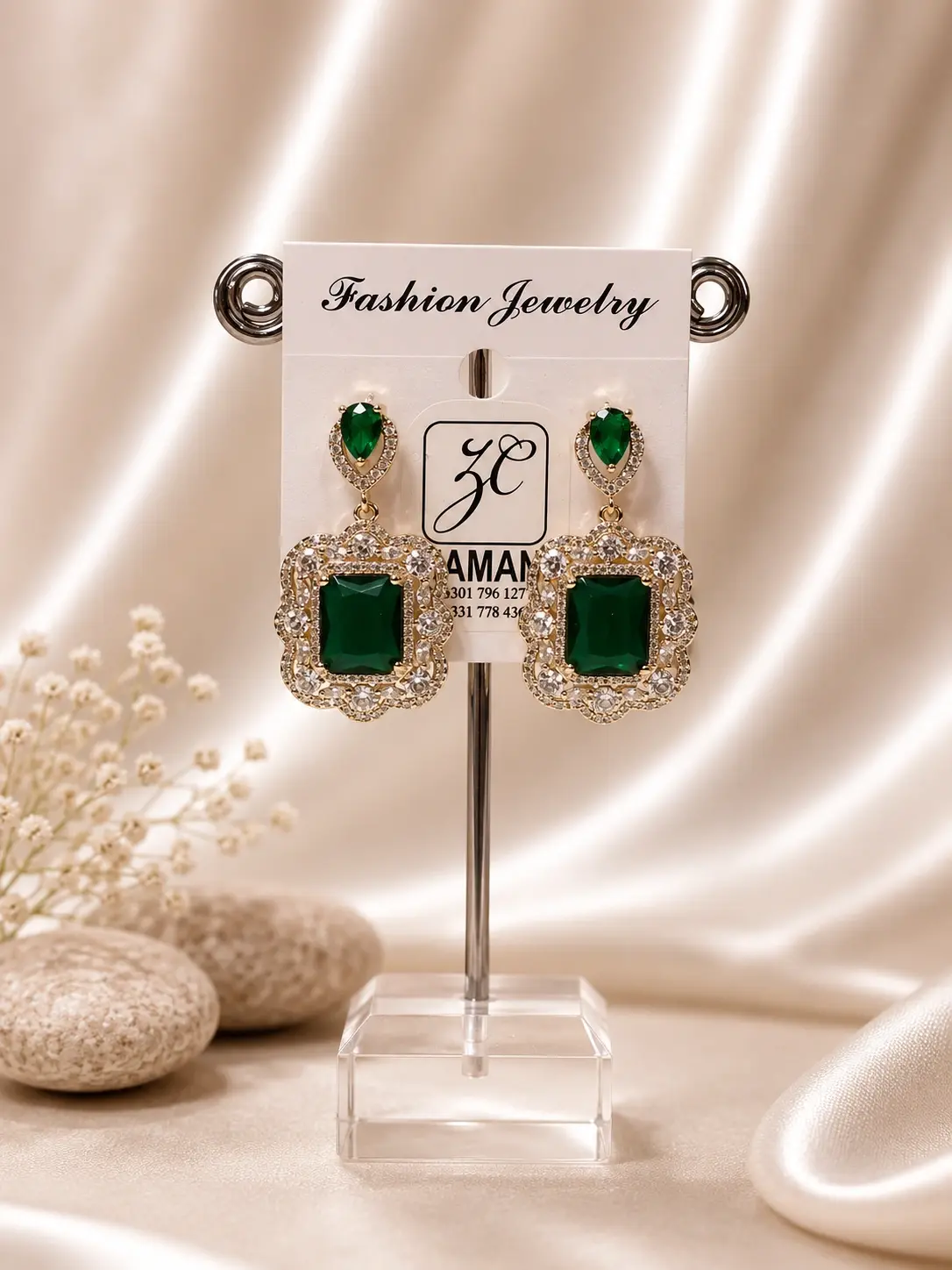 Green Scalloped Rectangle Drop Earrings with teardrop tops and ornate clear-accented borders