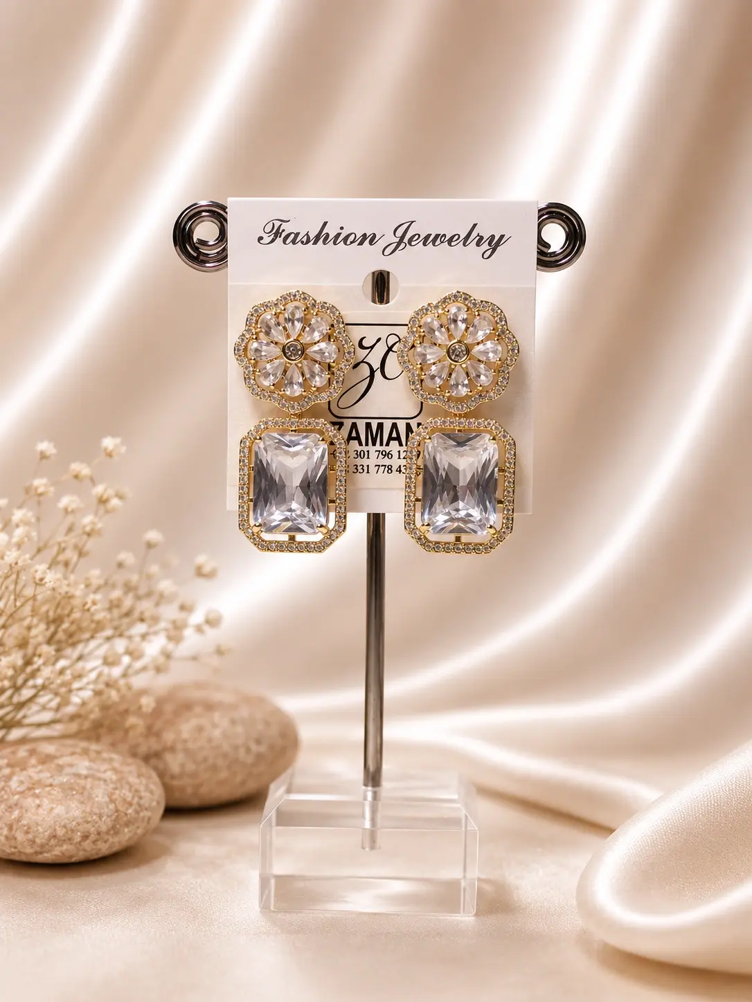 Clear Rectangle Flower Drop Earrings with floral tops and detailed gold-tone halo borders