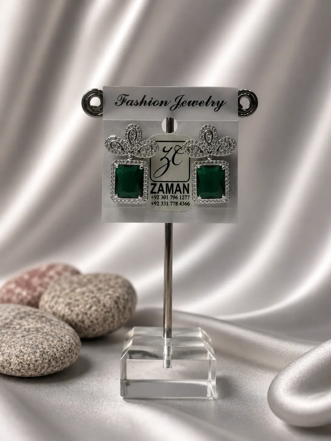 Green Rectangle Leaf Drop Earrings with deep green centers and clear leaf-shaped tops