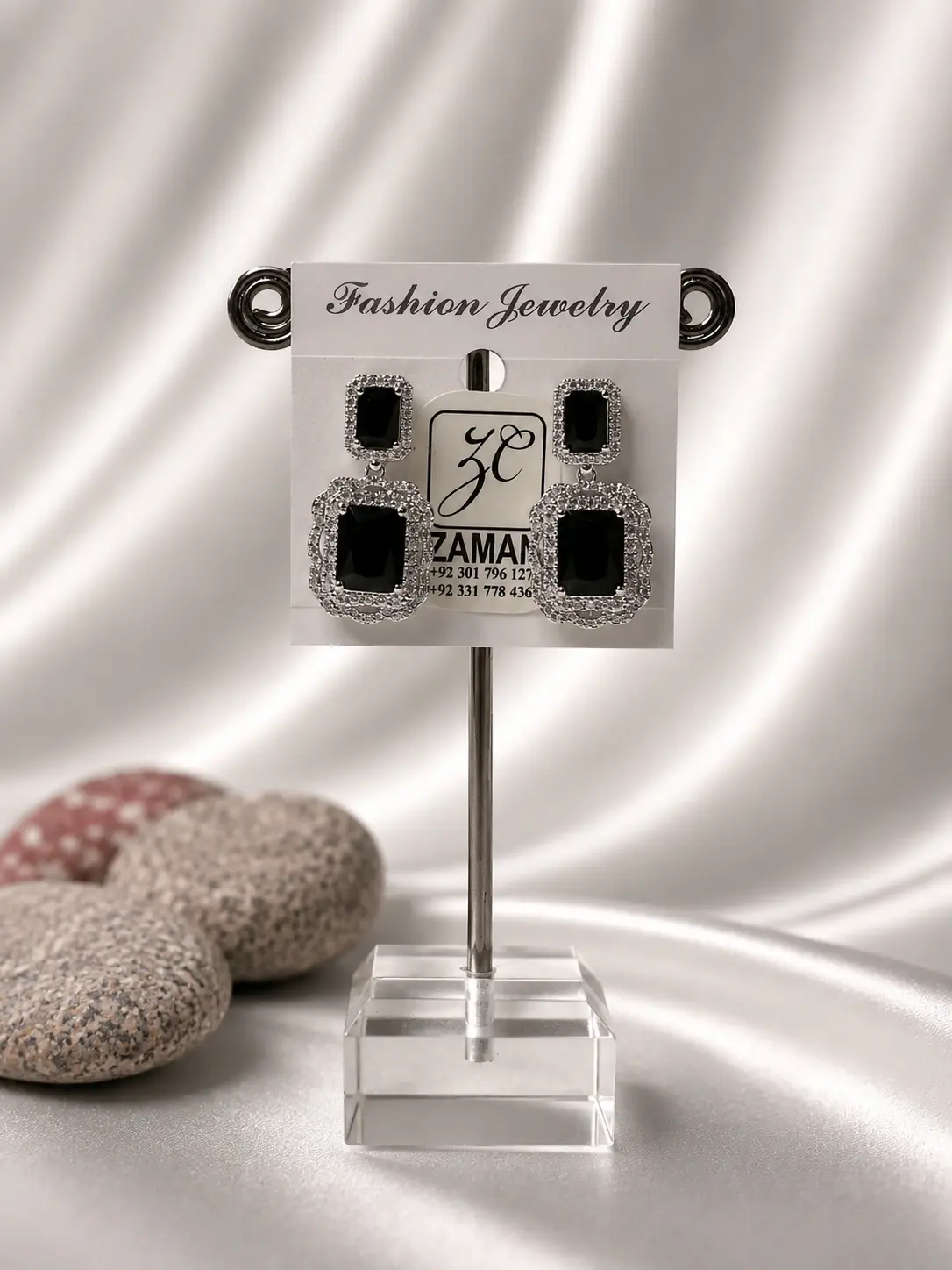 Black Double Rectangle Drop Earrings with clear silver-tone halo borders