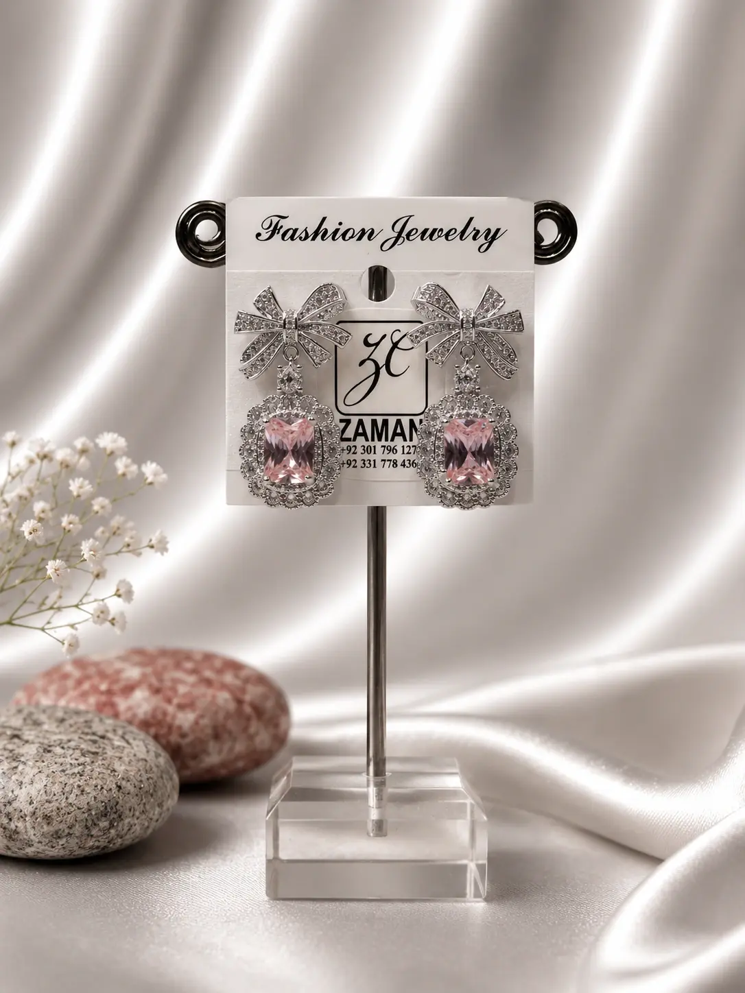 Pink Bow Rectangle Drop Earrings with ribbon tops and ornate clear-accented borders
