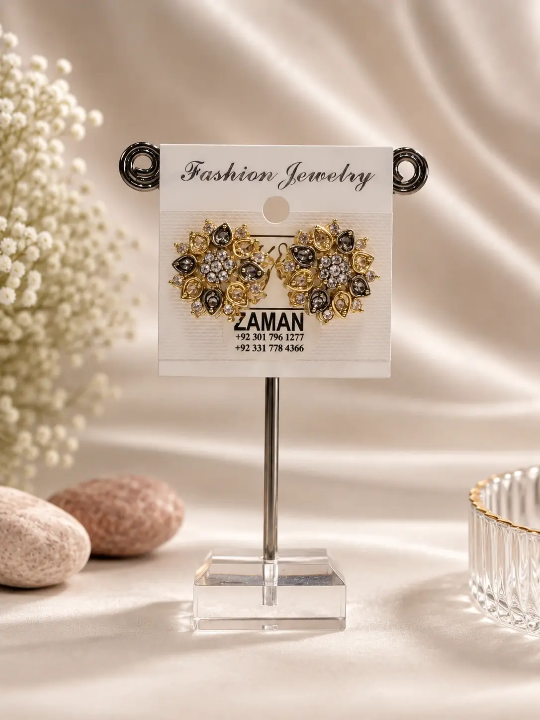 Gold Mixed Petal Floral Stud Earrings with smoky and champagne teardrop accents