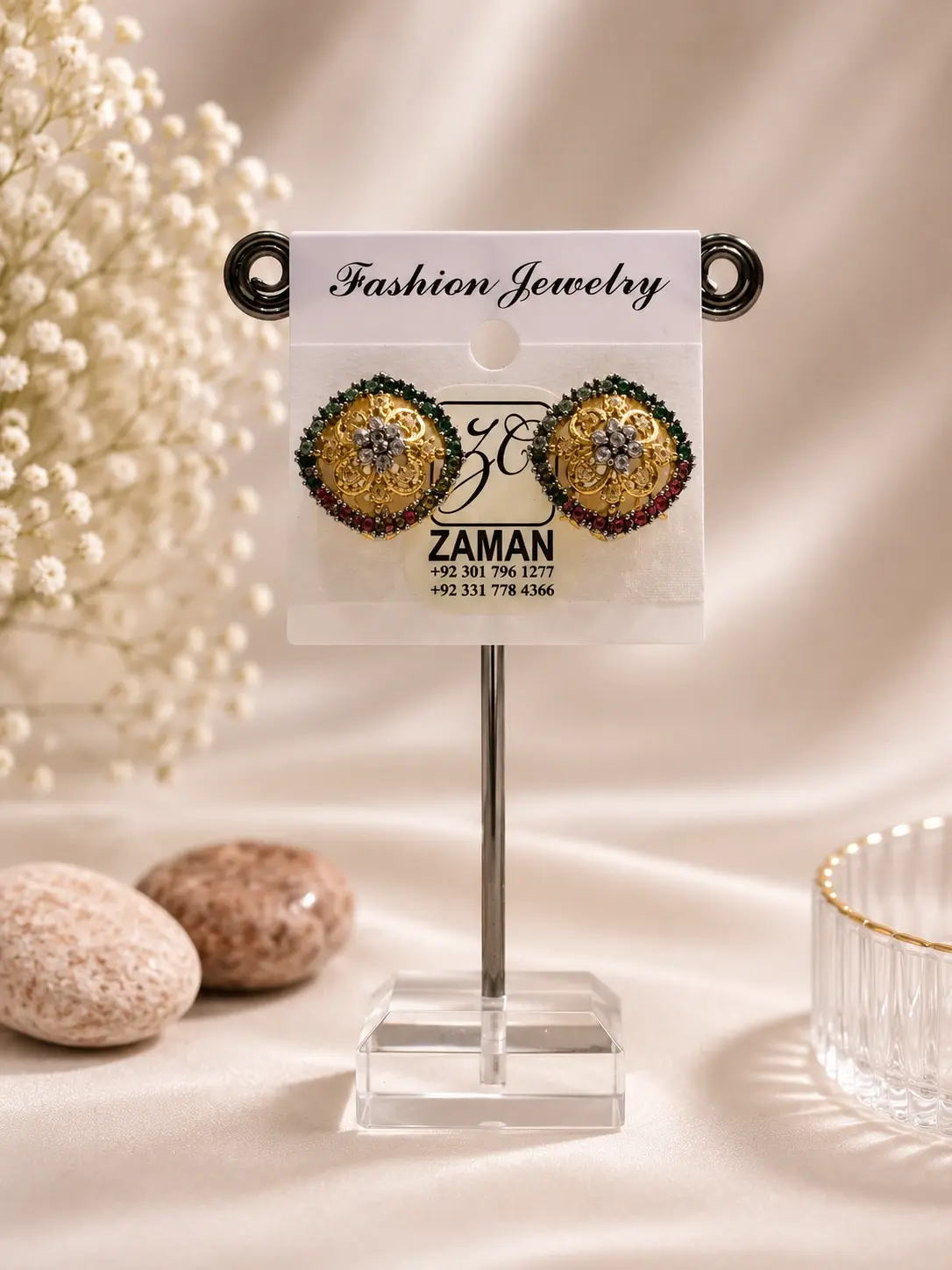 Gold Multicolor Filigree Medallion Earrings with green and red borders and floral centers