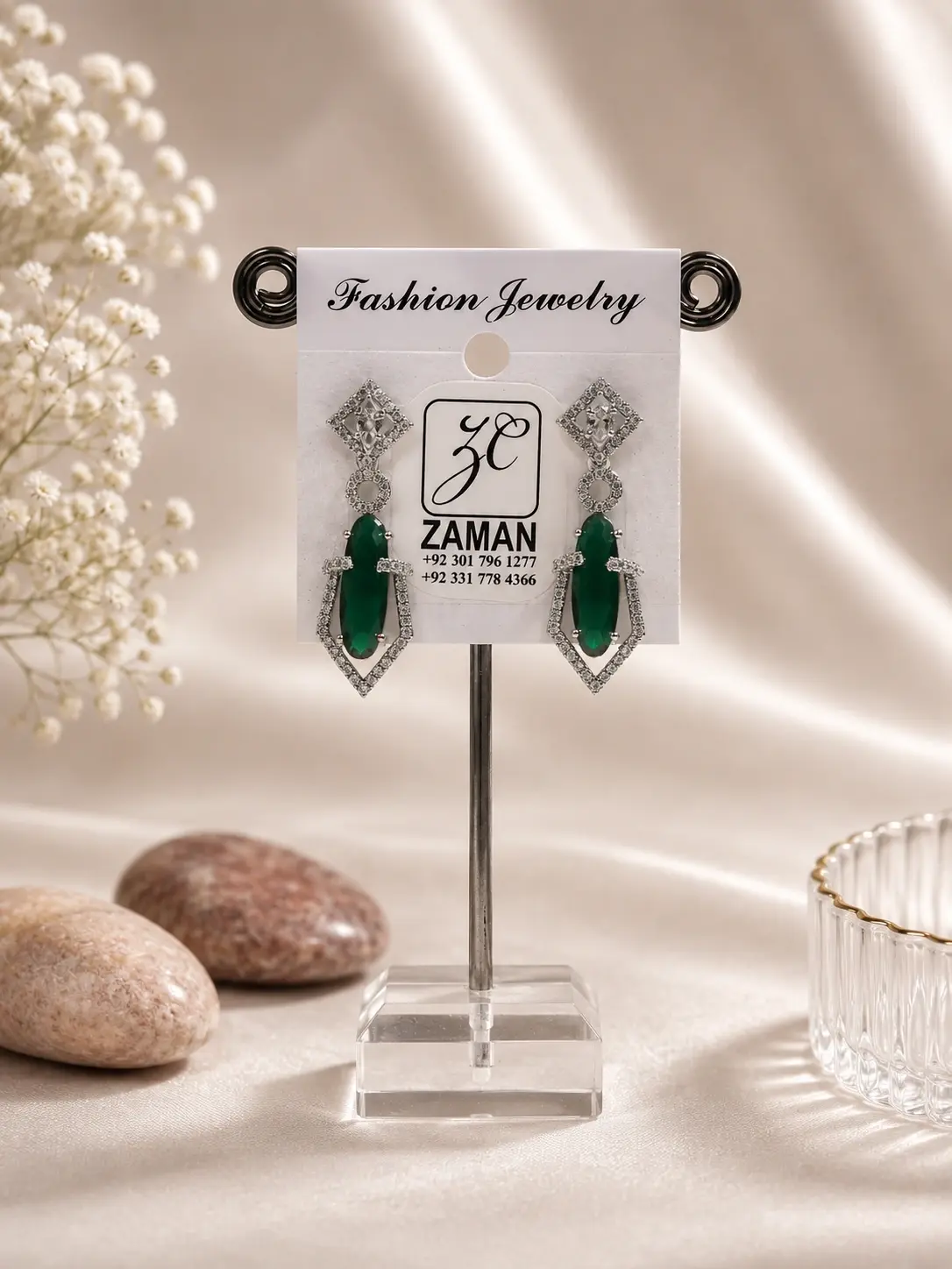 Green Oval Frame Drop Earrings with elongated green centers and detailed silver-tone borders