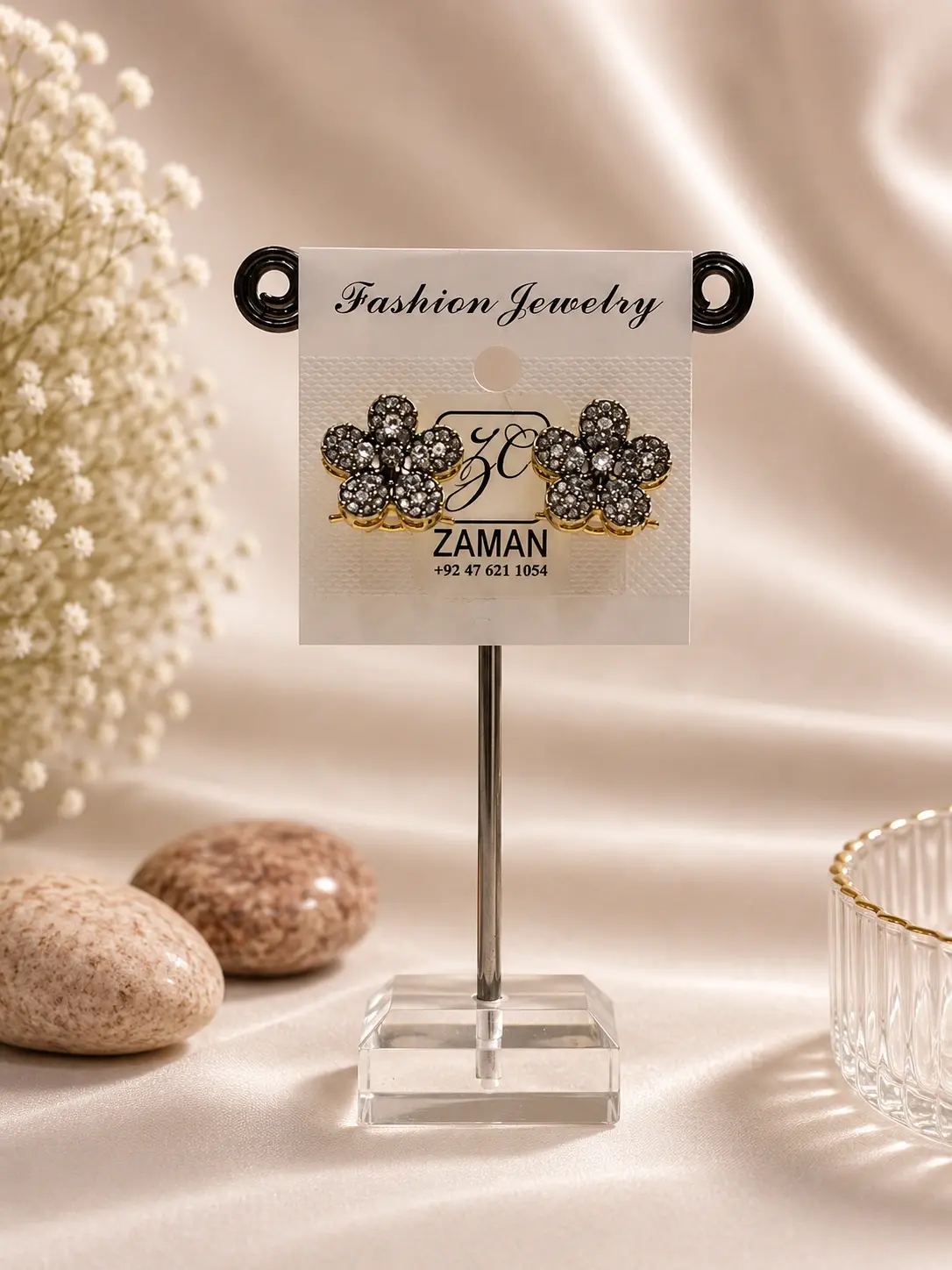 Gold Smoky Cluster Flower Earrings with dark detailed petals and clear central accents
