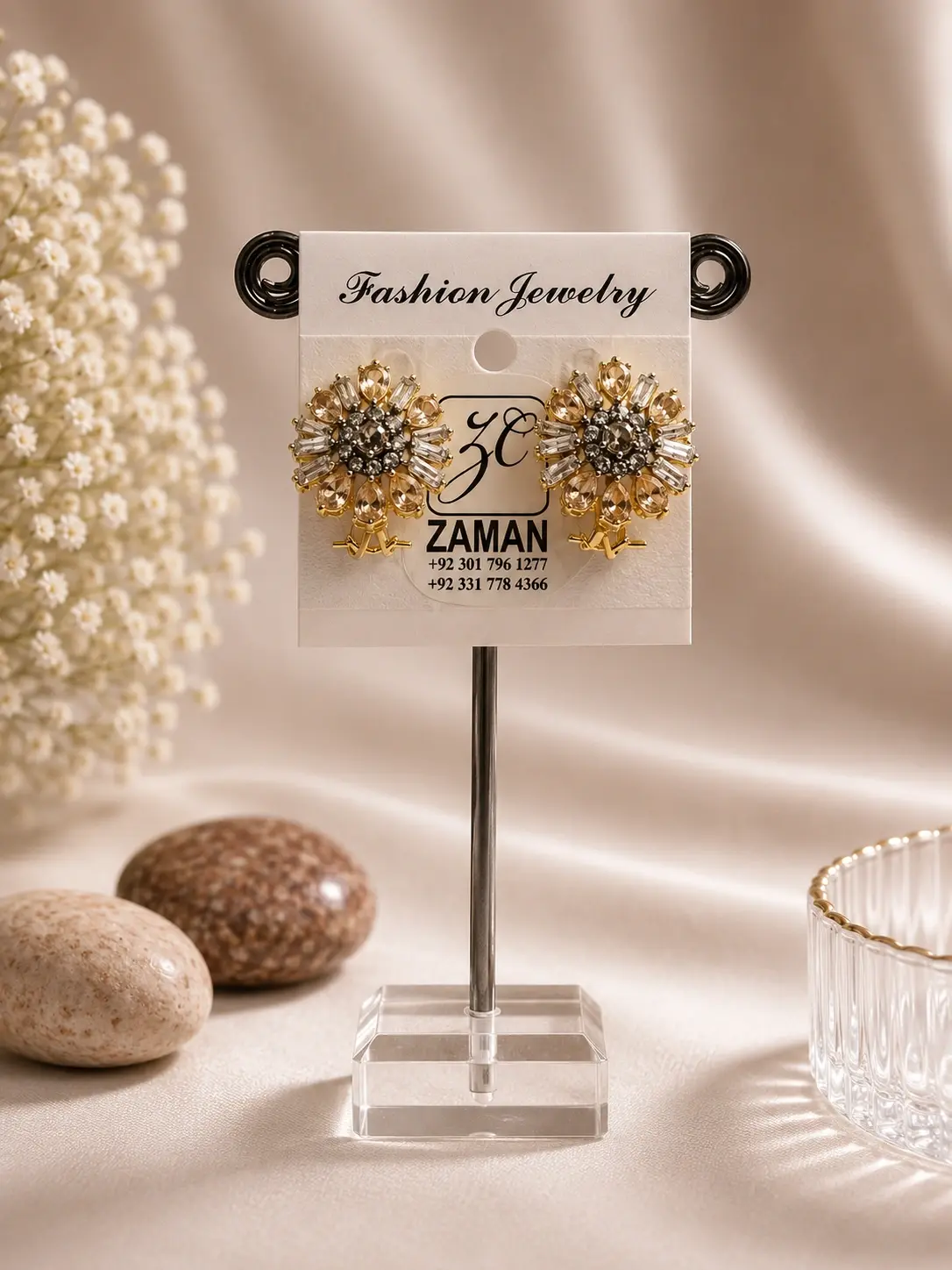 Gold Sunburst Petal Stud Earrings with champagne petals and clear radial accents