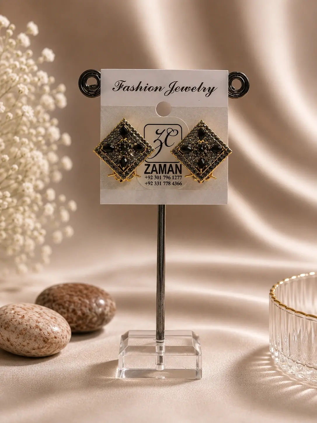 Black Marquise Square Stud Earrings with gold-tone borders and clear clustered accents