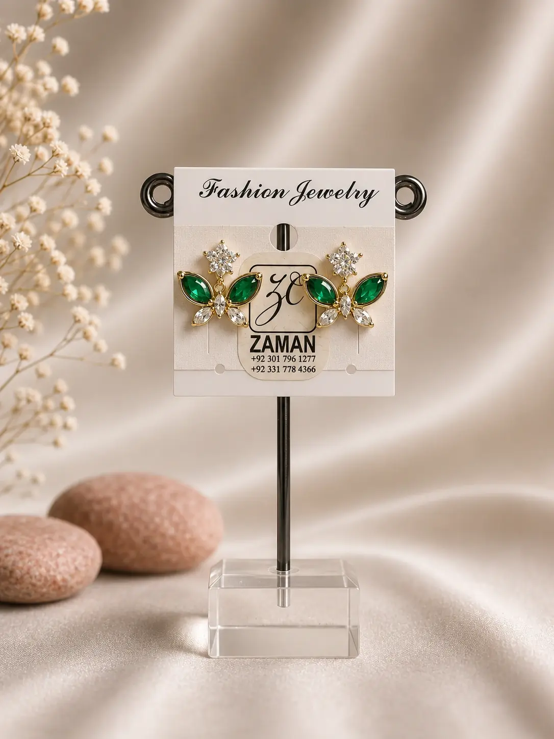 Green Marquise Butterfly Drop Earrings with clear accents and gold-tone outlines