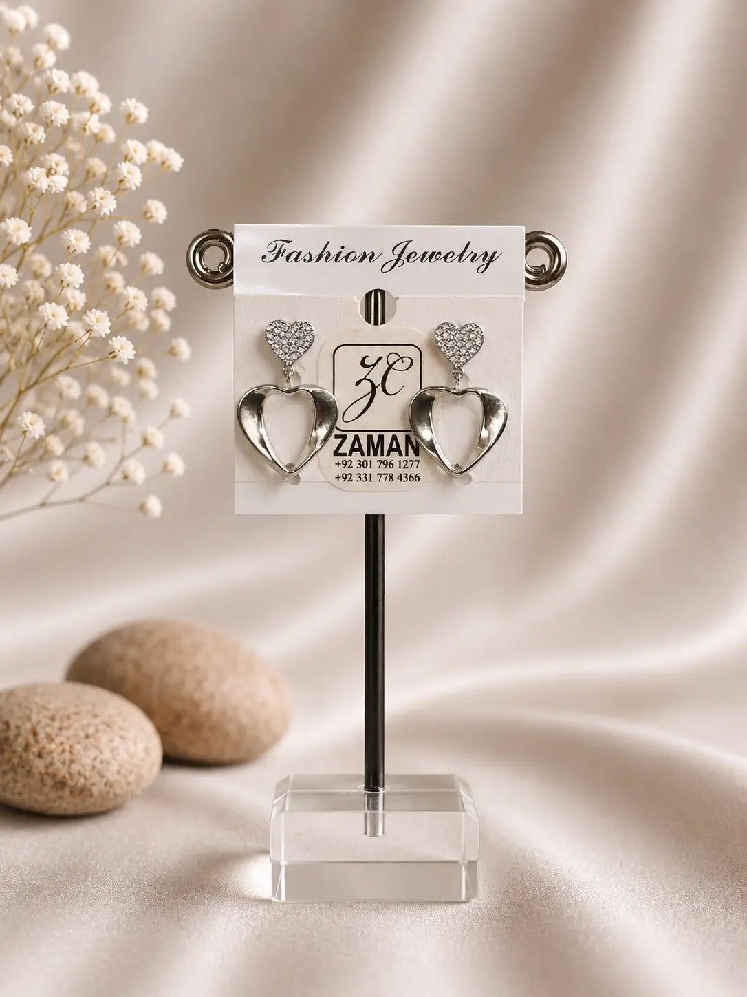 Silver Double Heart Drop Earrings with sparkling upper hearts and polished open-heart drops