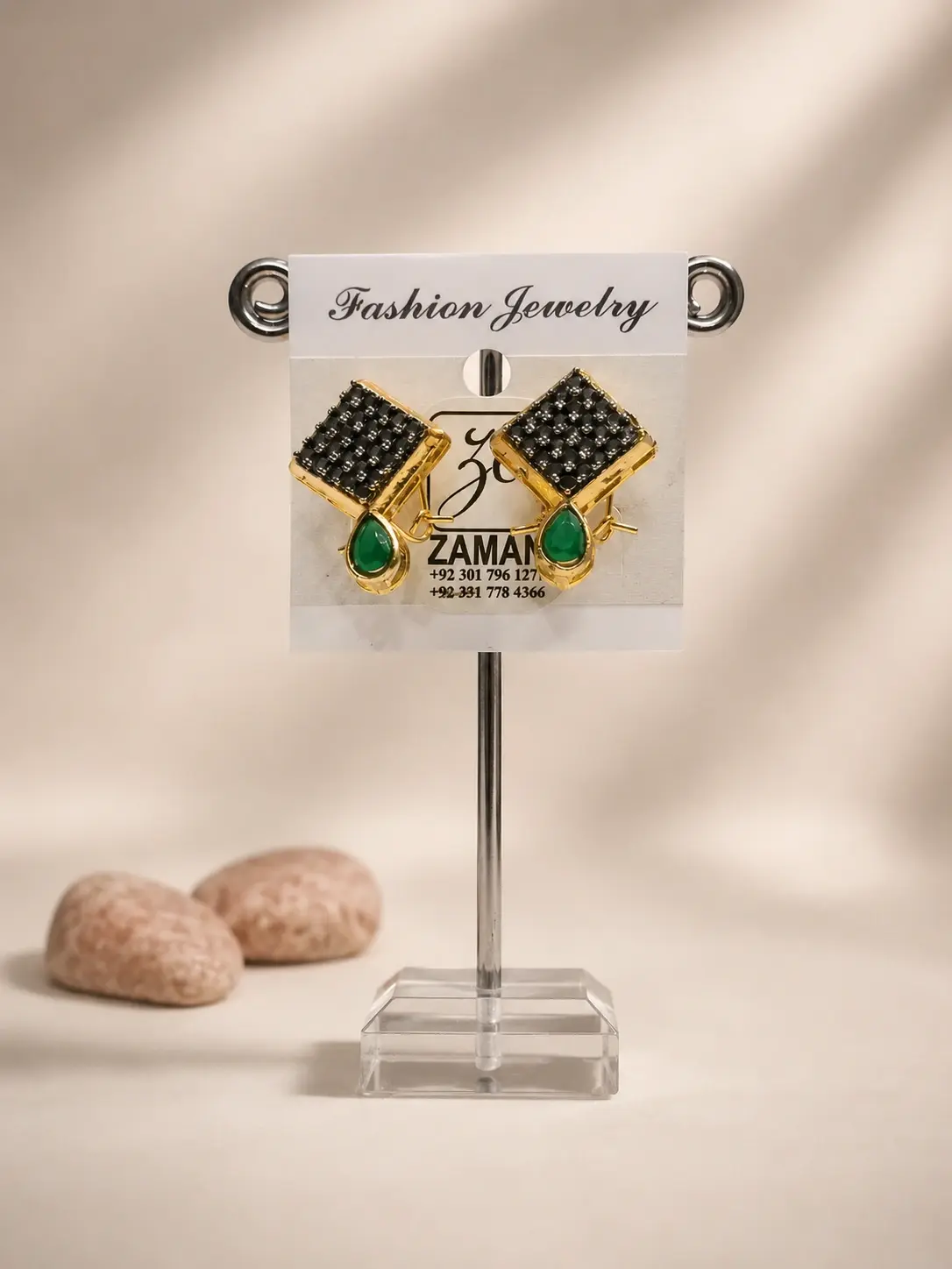 Gold Square Green Teardrop Drop Earrings with black grid tops and geometric gold-tone frames