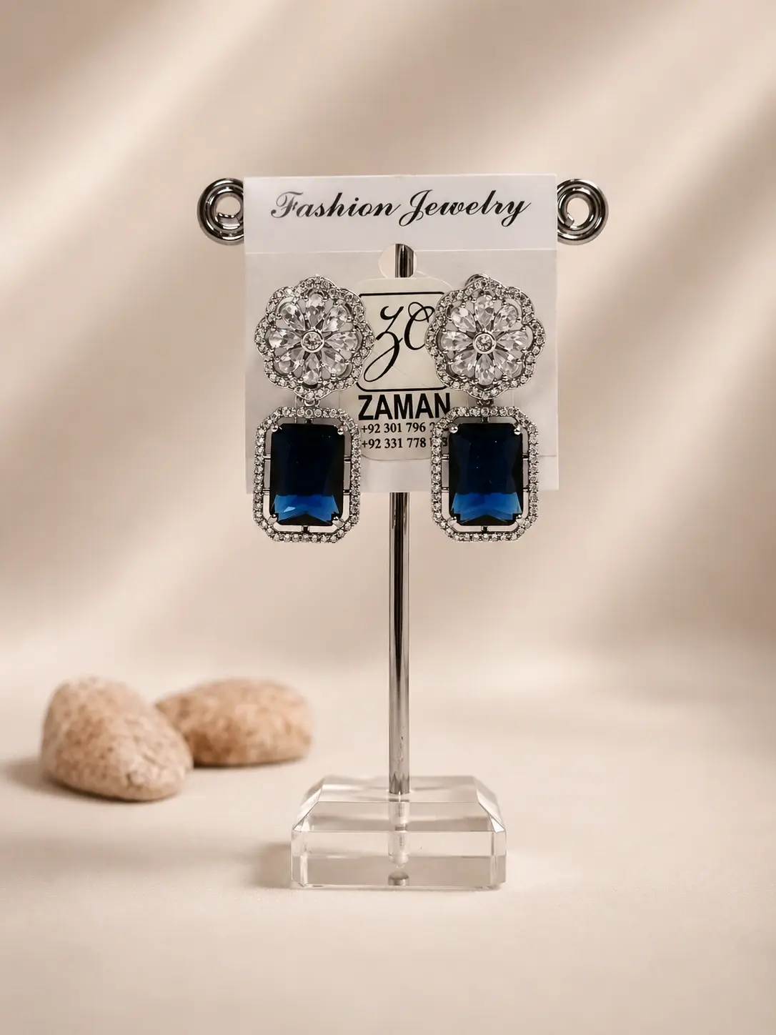 blue rectangular stone floral drop earrings with sparkling silver-tone flower tops