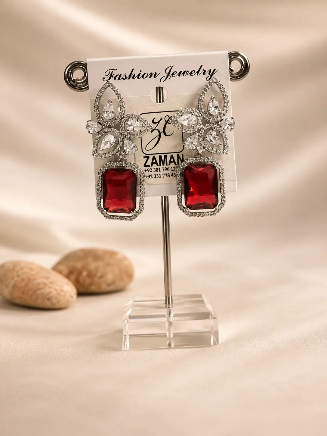 red rectangular stone floral drop earrings with sparkling silver-tone flower tops
