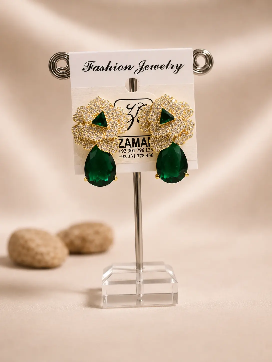 green teardrop floral statement earrings with sparkling gold-tone flower tops