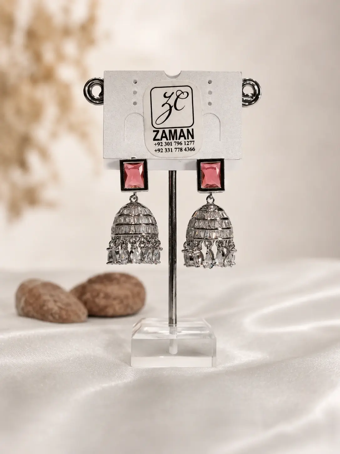 pink square stone silver jhumka earrings with clear hanging drops