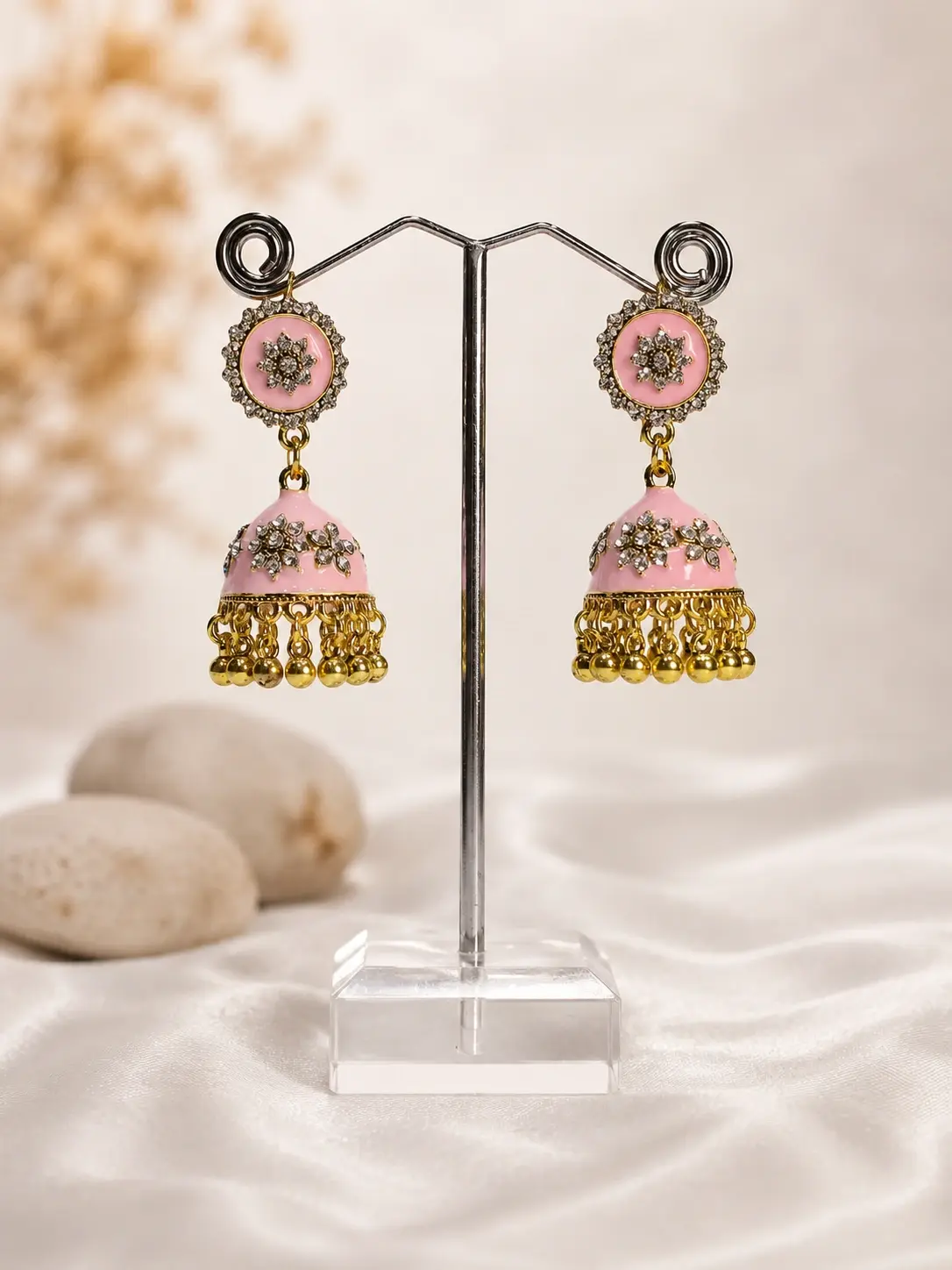 pink floral gold bead jhumka earrings with sparkling tops and gold-tone fringe
