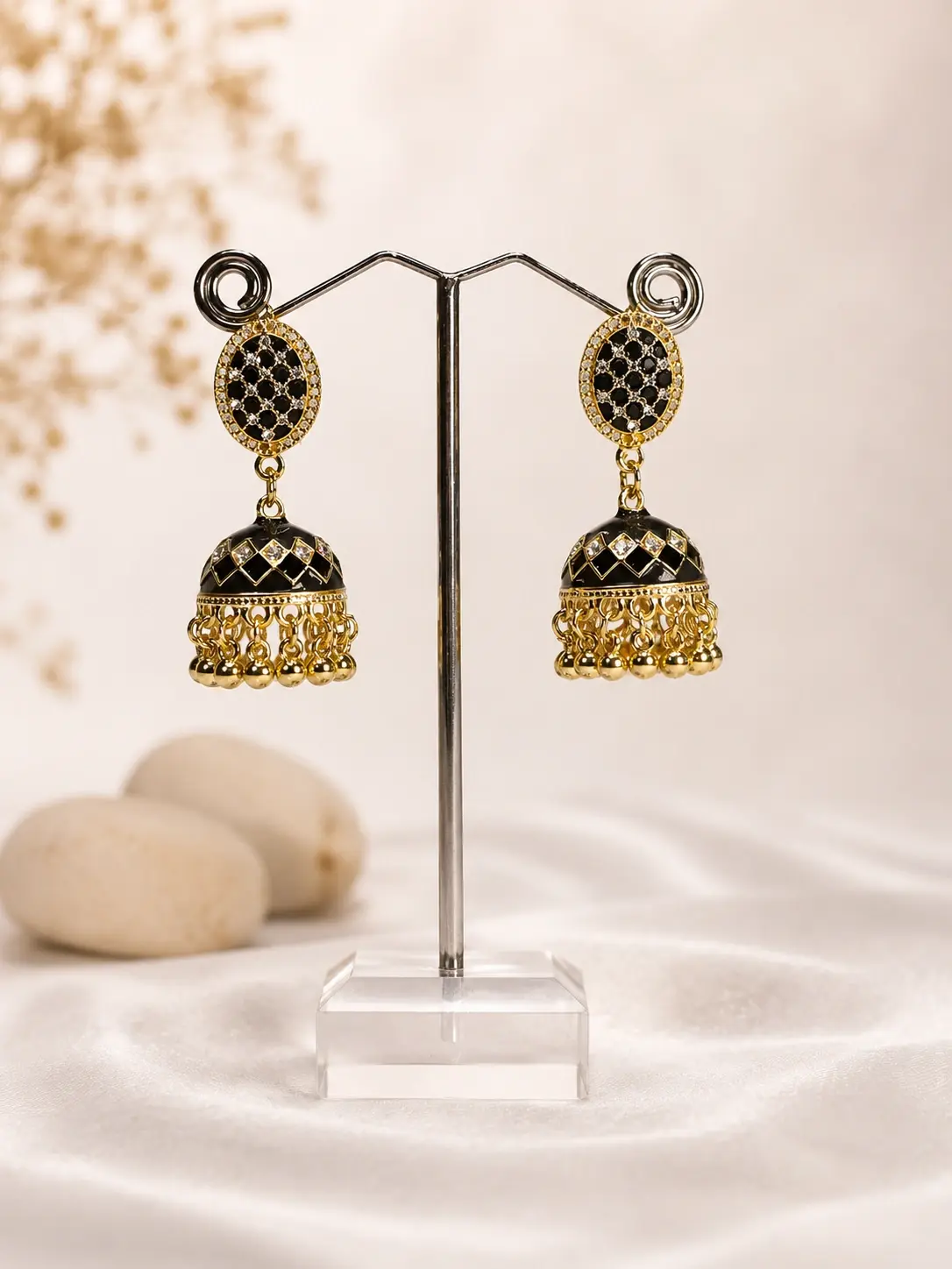 black lattice gold dome jhumka earrings with sparkling oval tops and bead fringe