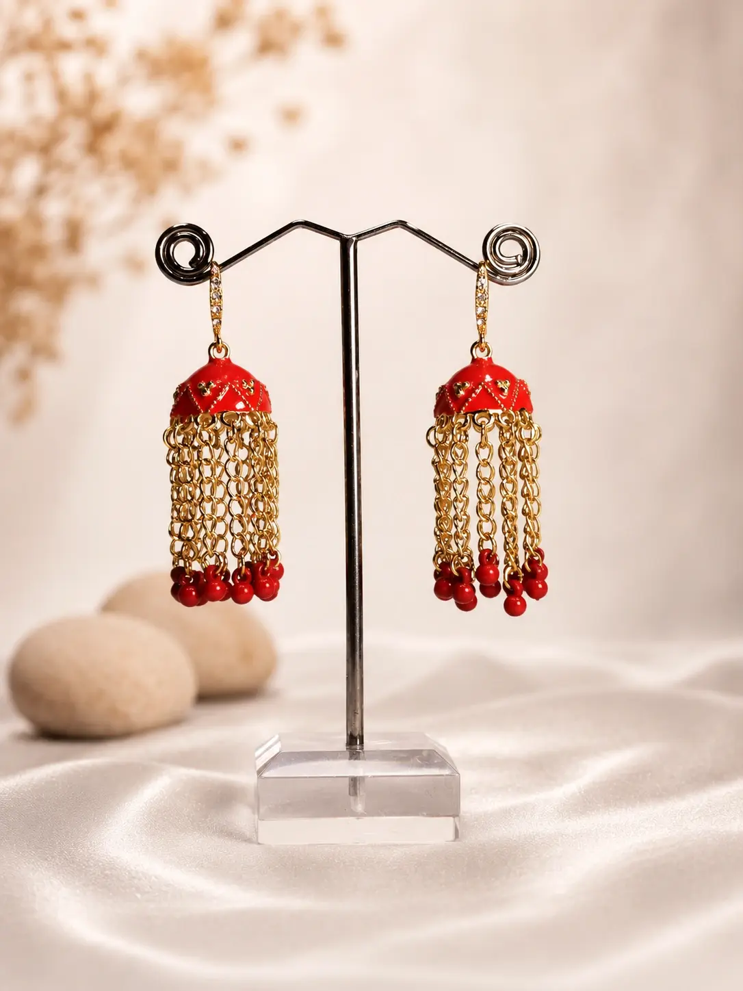 red chain tassel dome earrings with gold-tone chains and red bead drops