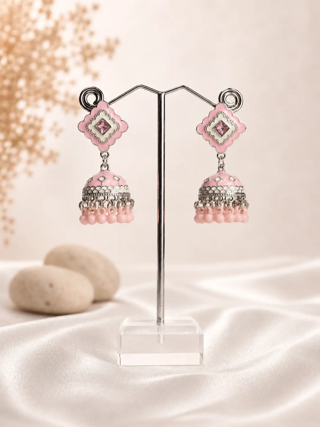 baby pink beaded dome jhumka earrings with silver-tone engraved details