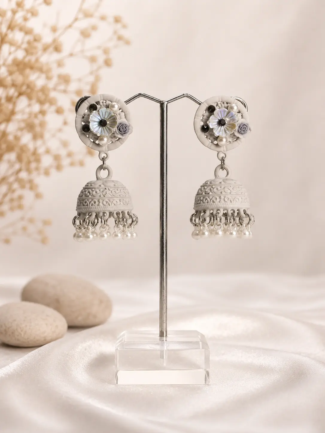 white floral pearl jhumka earrings with engraved domes and cream bead fringe