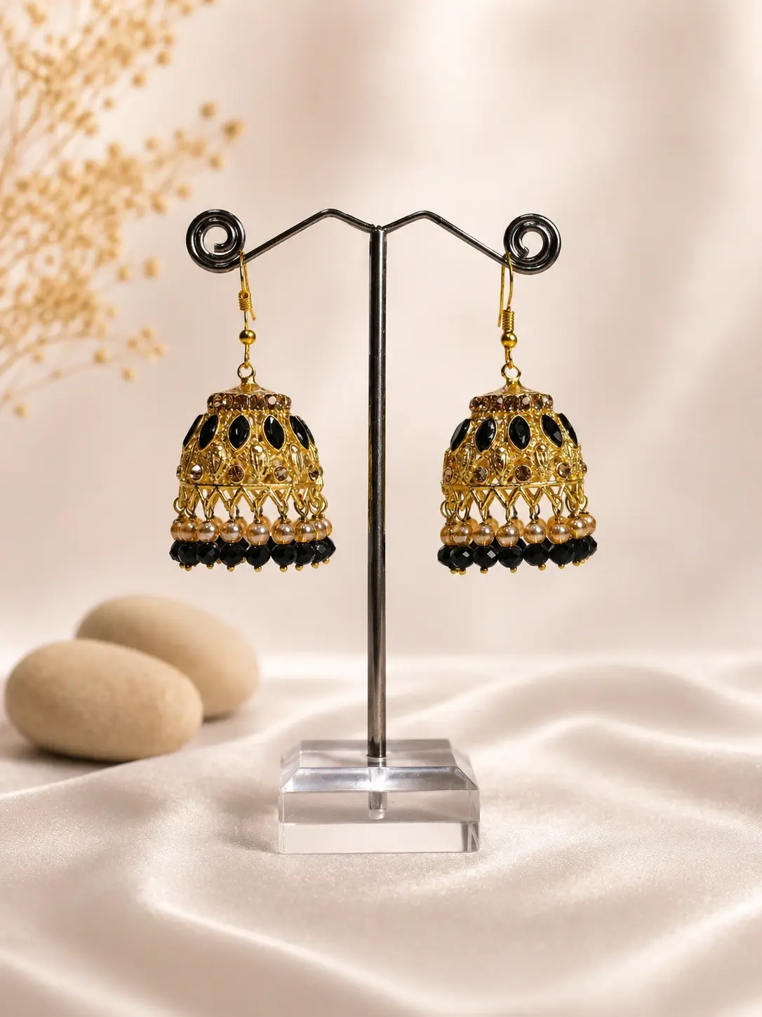 black pearl fringe antique jhumka earrings with gold-tone openwork domes