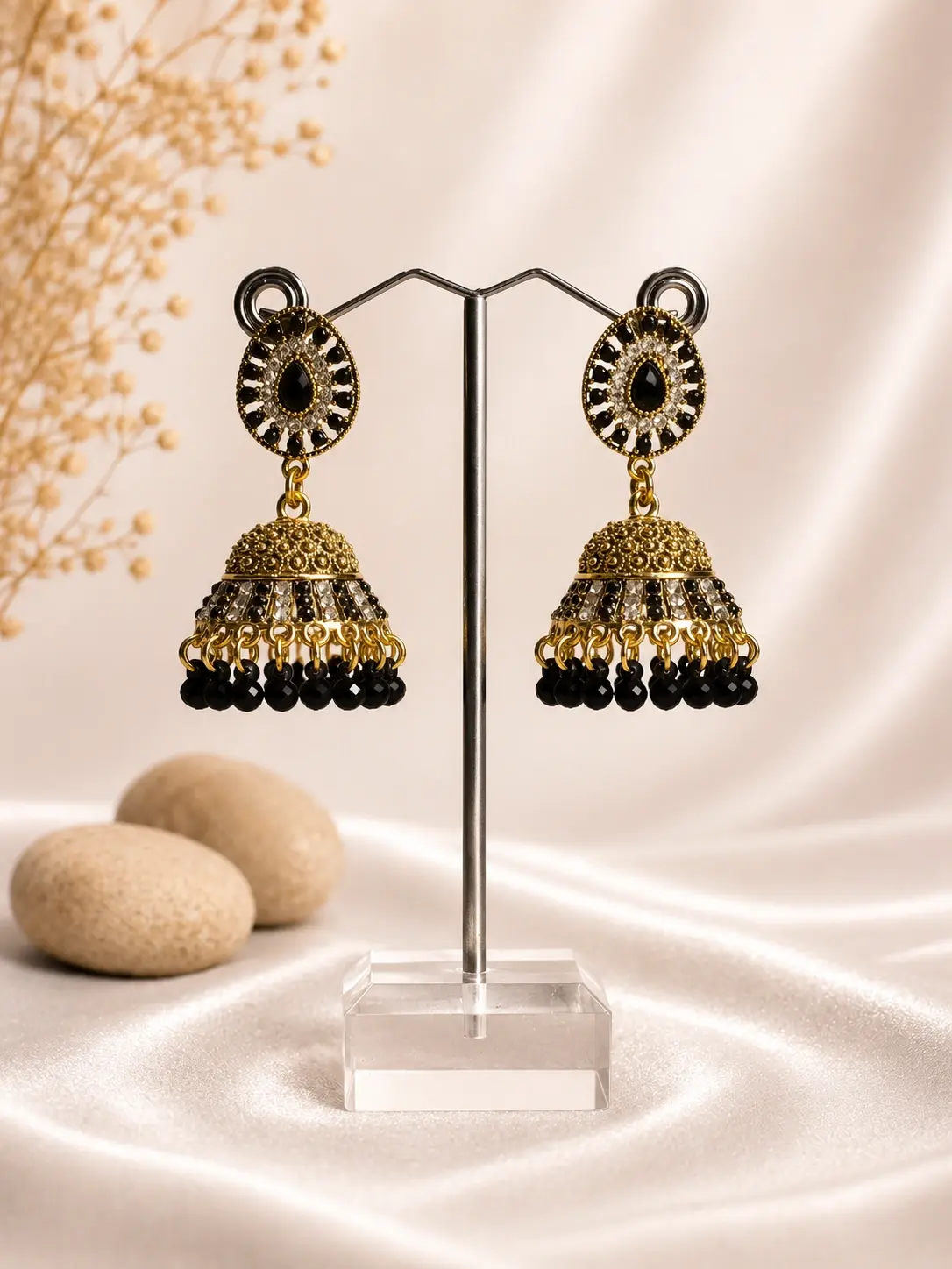 black beaded antique gold jhumka earrings with engraved dome design