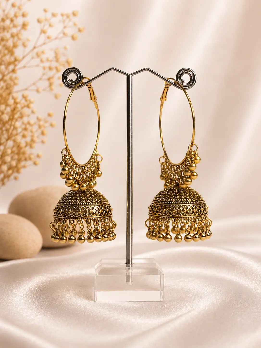 antique gold hoop jhumka earrings with engraved domes and hanging beads