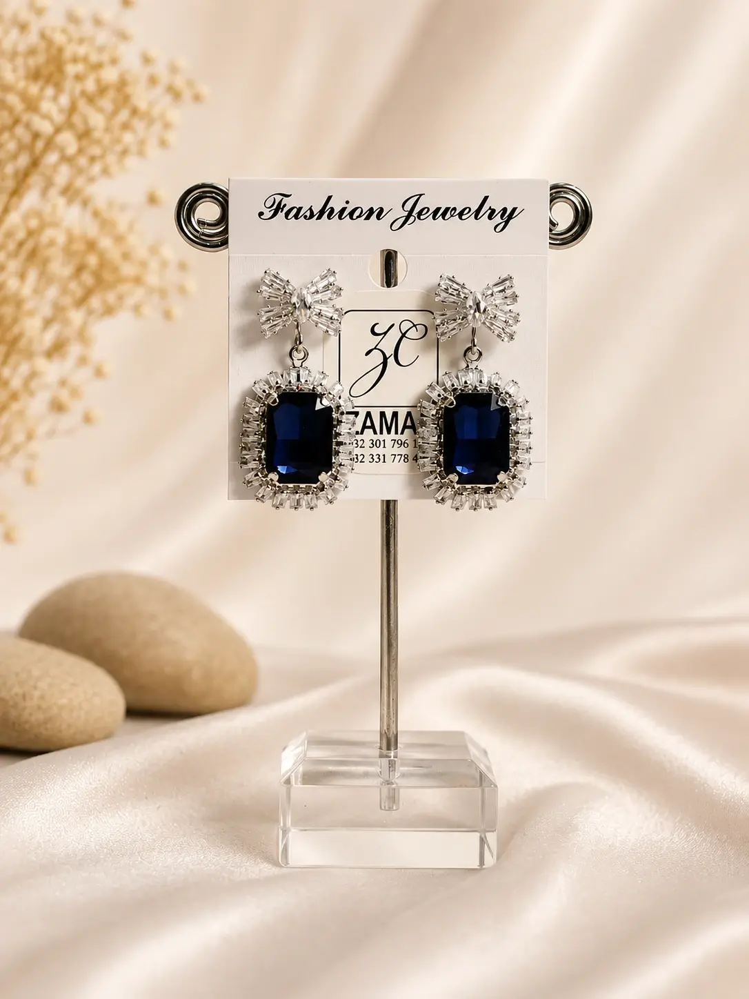 navy blue bow halo drop earrings with sparkling silver-tone frame