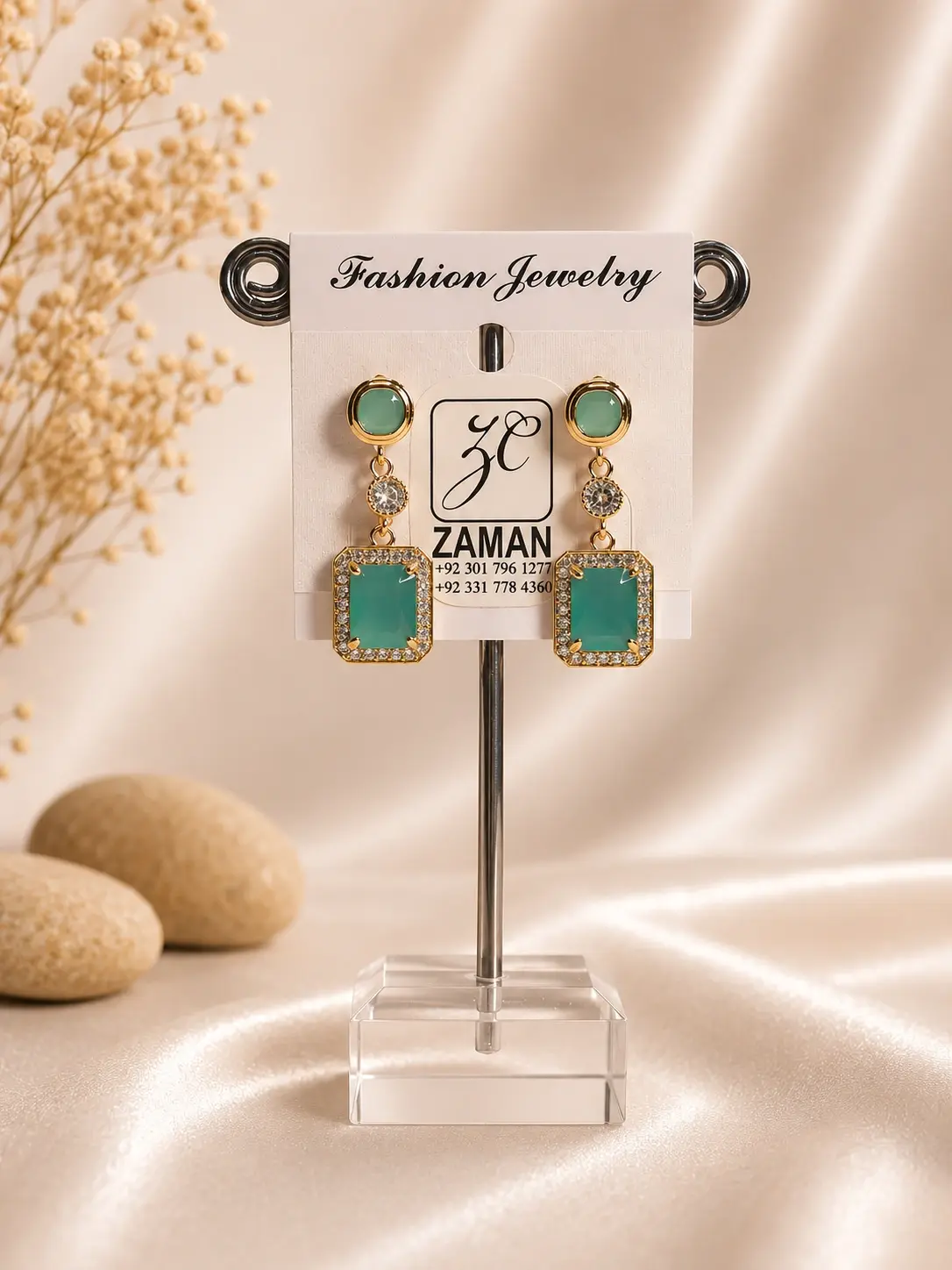 mint green rectangle halo drop earrings with sparkling gold-tone frame