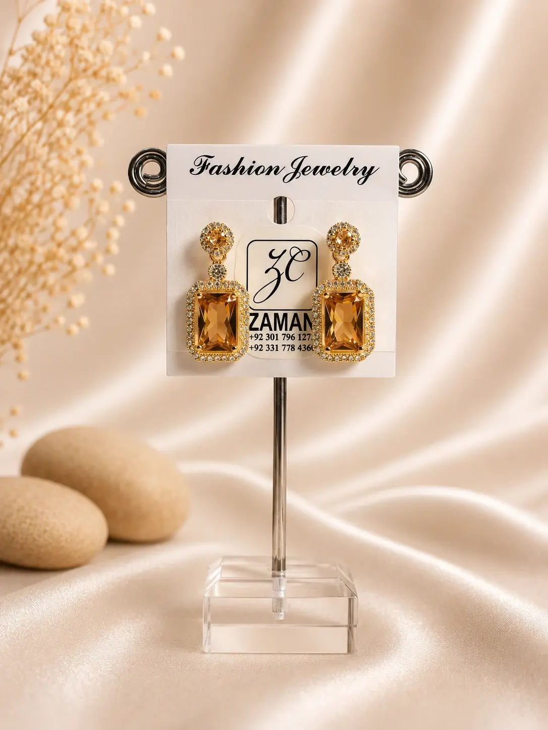 amber gold rectangle halo drop earrings with sparkling gold-tone frame