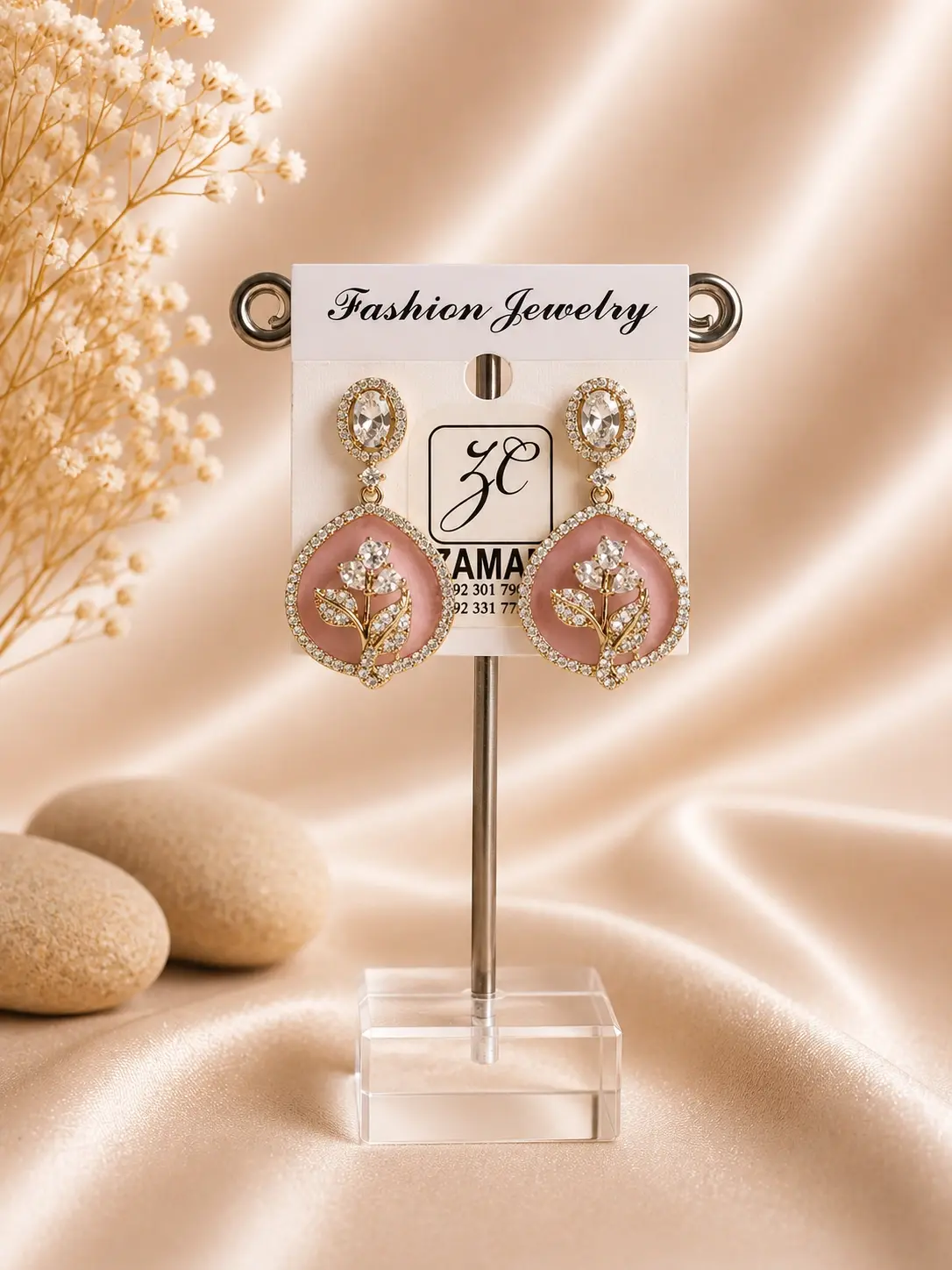 blush pink rose stone drop earrings with gold-tone floral design