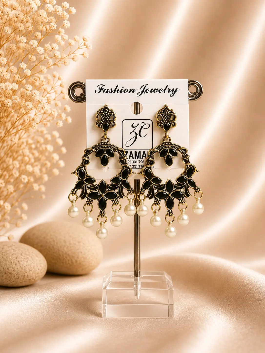 black floral pearl chandbali earrings with antique gold-tone frame