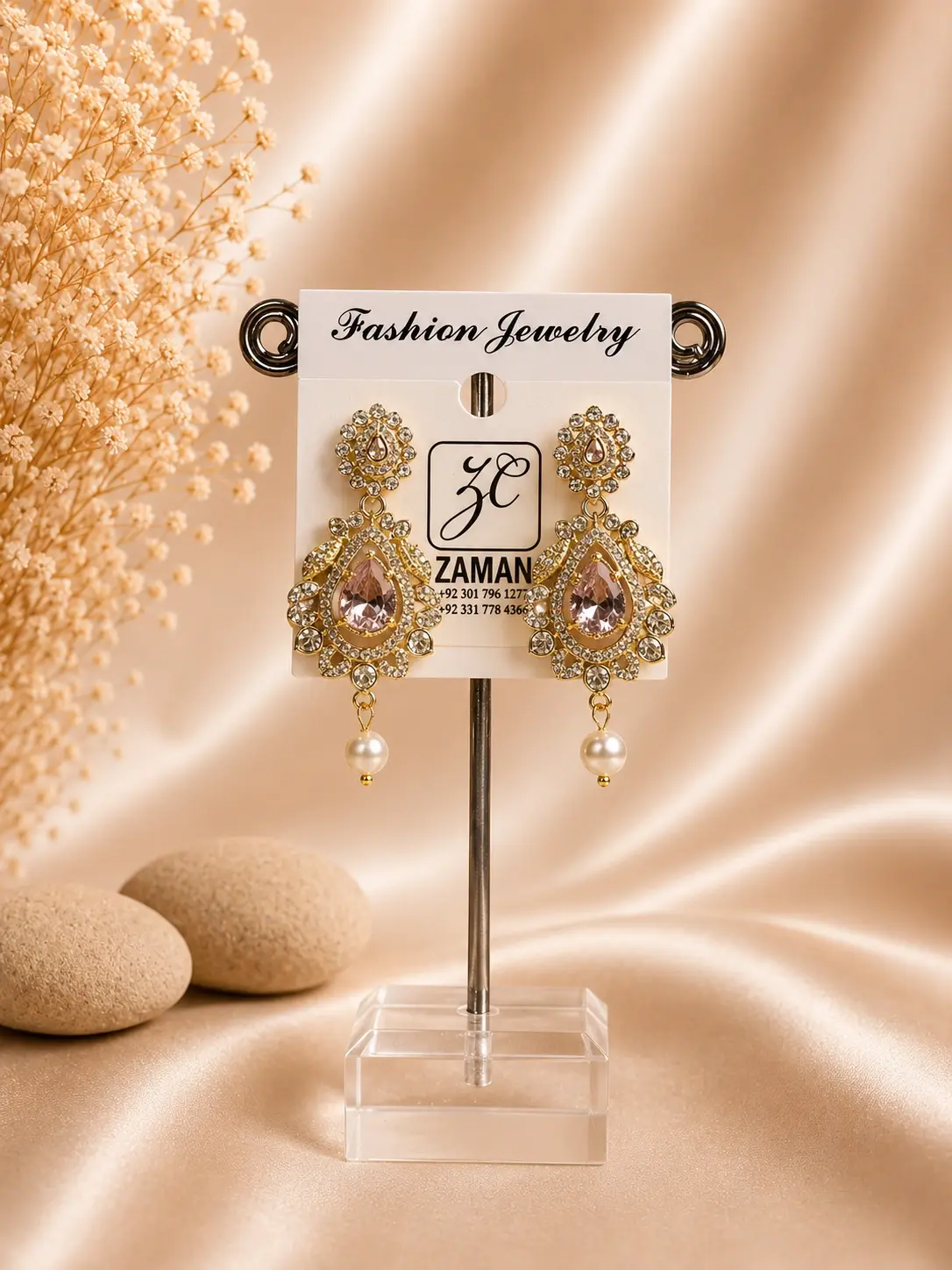 blush pink stone pearl drop earrings with sparkling gold-tone frame