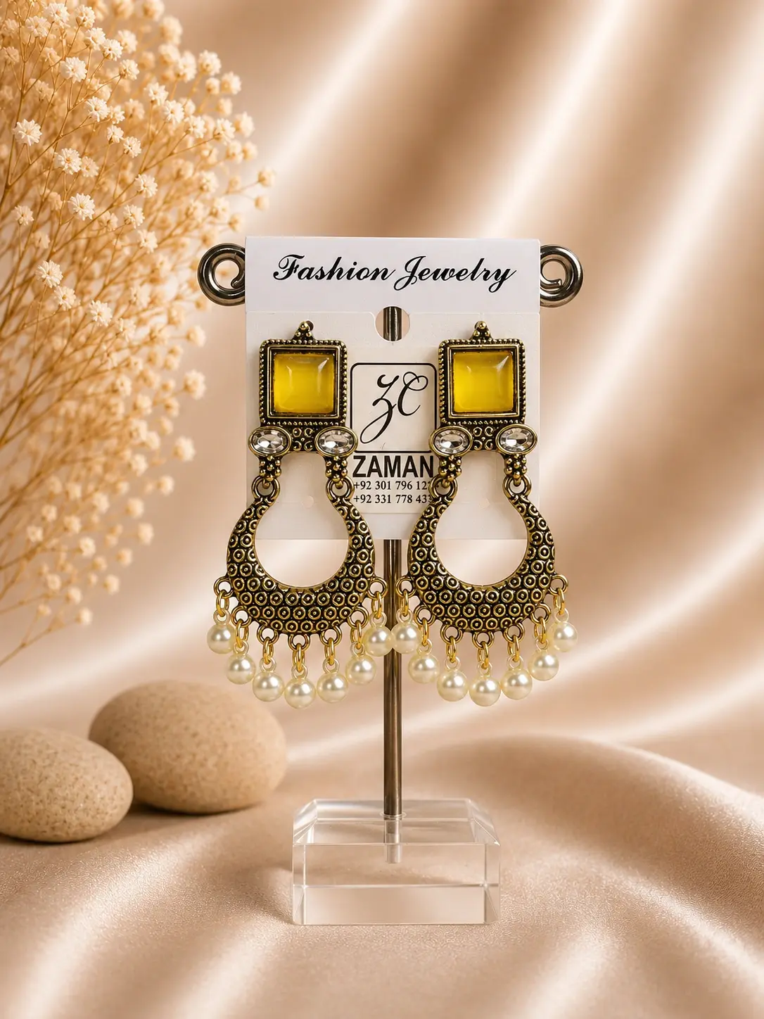 mustard stone pearl chandbali earrings with antique gold-tone design
